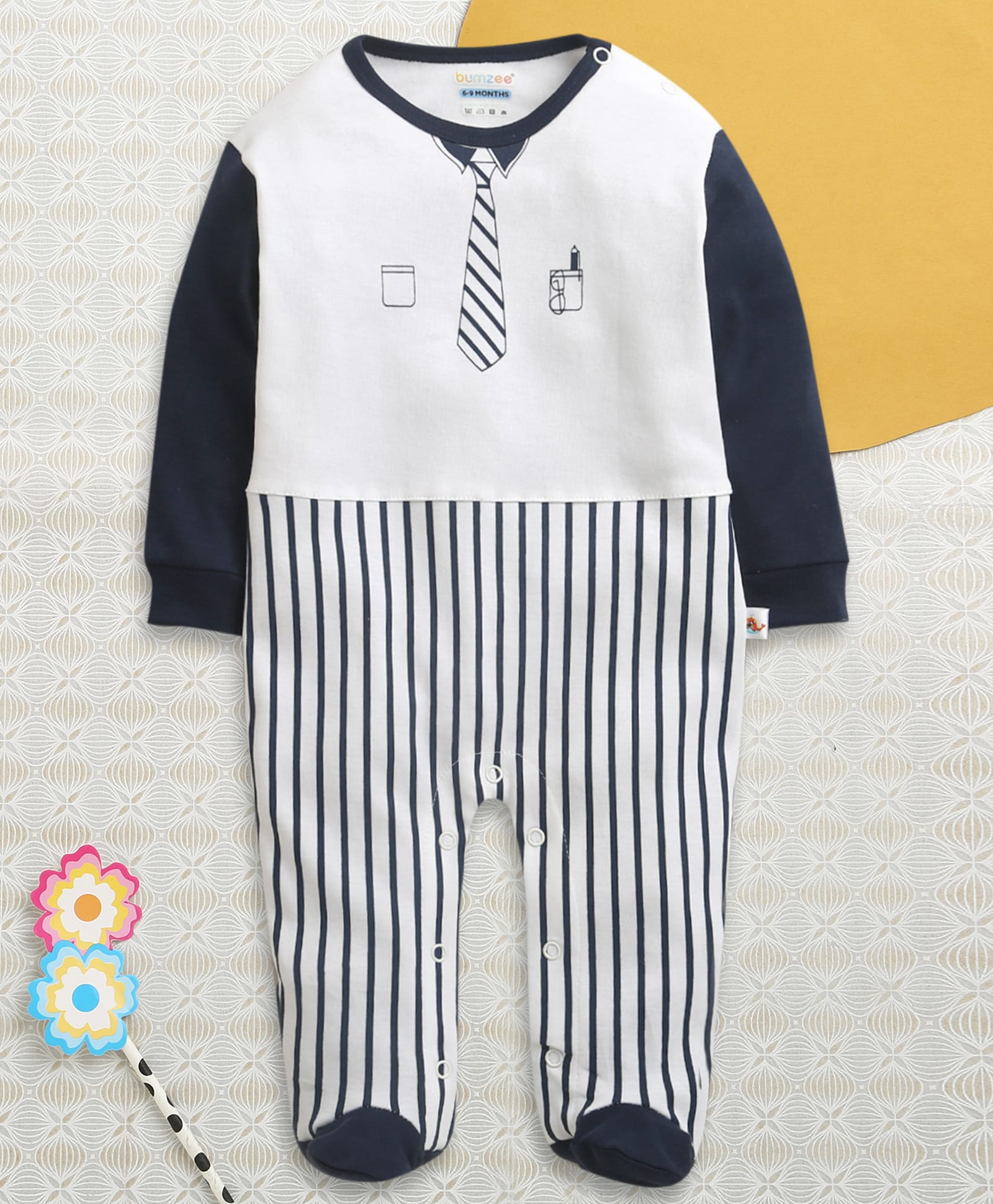 BUMZEE Cotton Knit Full Sleeves Striped & Tie Printed Footed Sleep Suit - White & Navy Blue-image-34