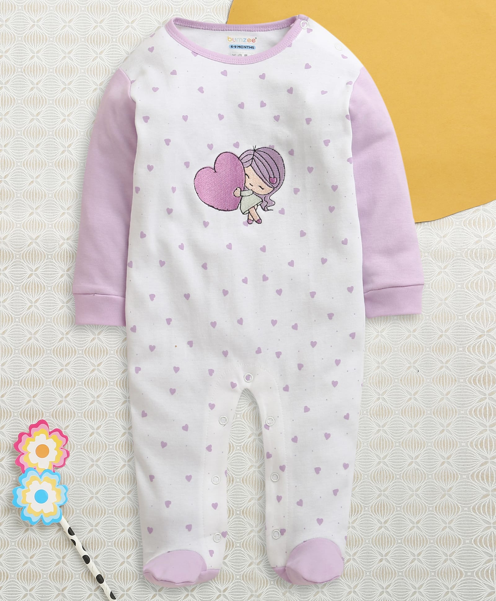 BUMZEE Cotton Knit Full Sleeves Heart Printed Footed Sleep Suit - White & Lilac-image-19