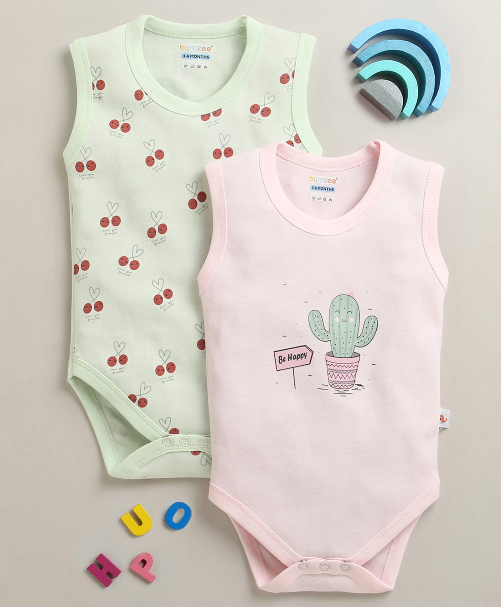 BUMZEE Cotton Knit Sleeveless Cherry & Cactus Printed Onesies Pack of 2 - Mint & Pink-image-5