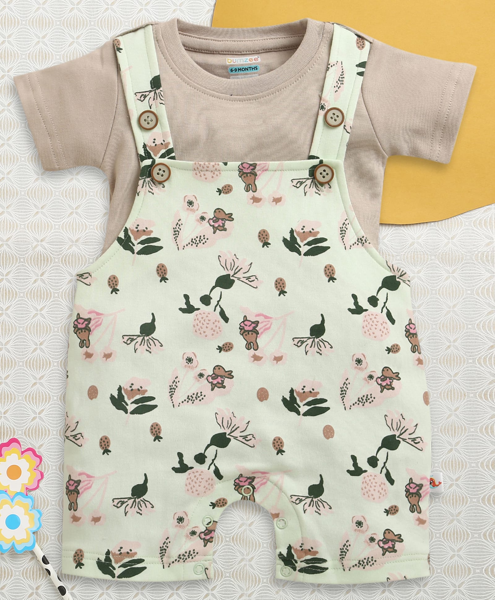 BUMZEE Cotton Knit Half Sleeves Floral & Animal Printed T-Shirt & Dungaree Set - Green & Beige-image-47
