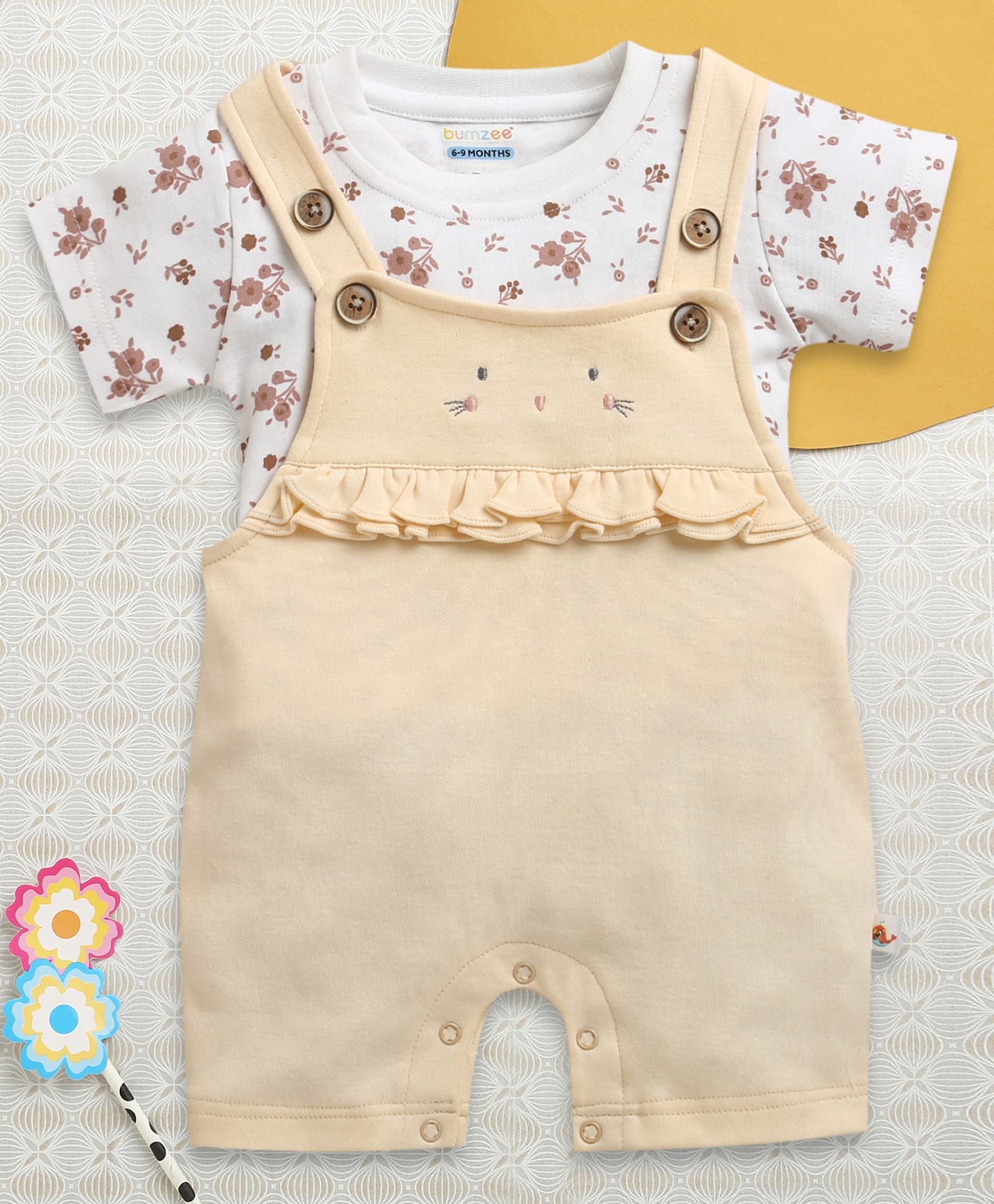 BUMZEE Cotton Knit Half Sleeves Floral Printed T-Shirt & Dungaree Set - Peach & White-image-22