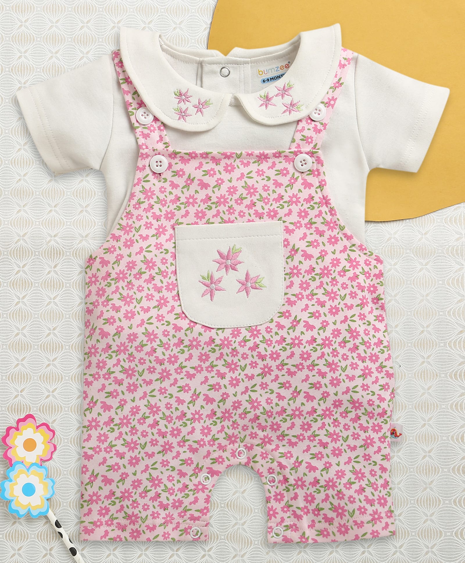 BUMZEE Cotton Knit Half Sleeves Floral Printed T-Shirt & Dungaree Set - Pink & White-picture-11