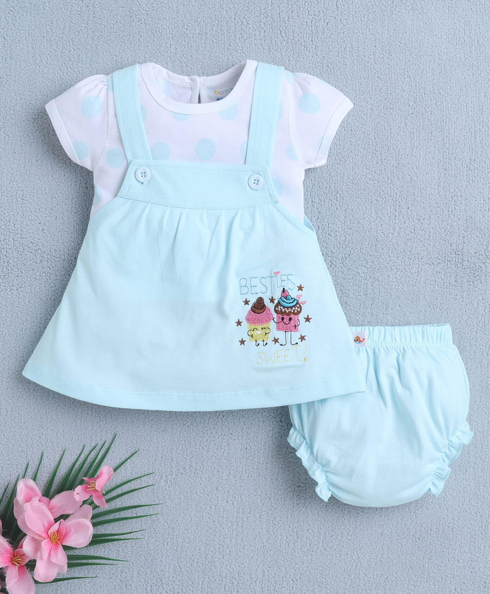BUMZEE Cotton Knit Half Sleeves Embroidered Frock with Bloomer - Light Blue