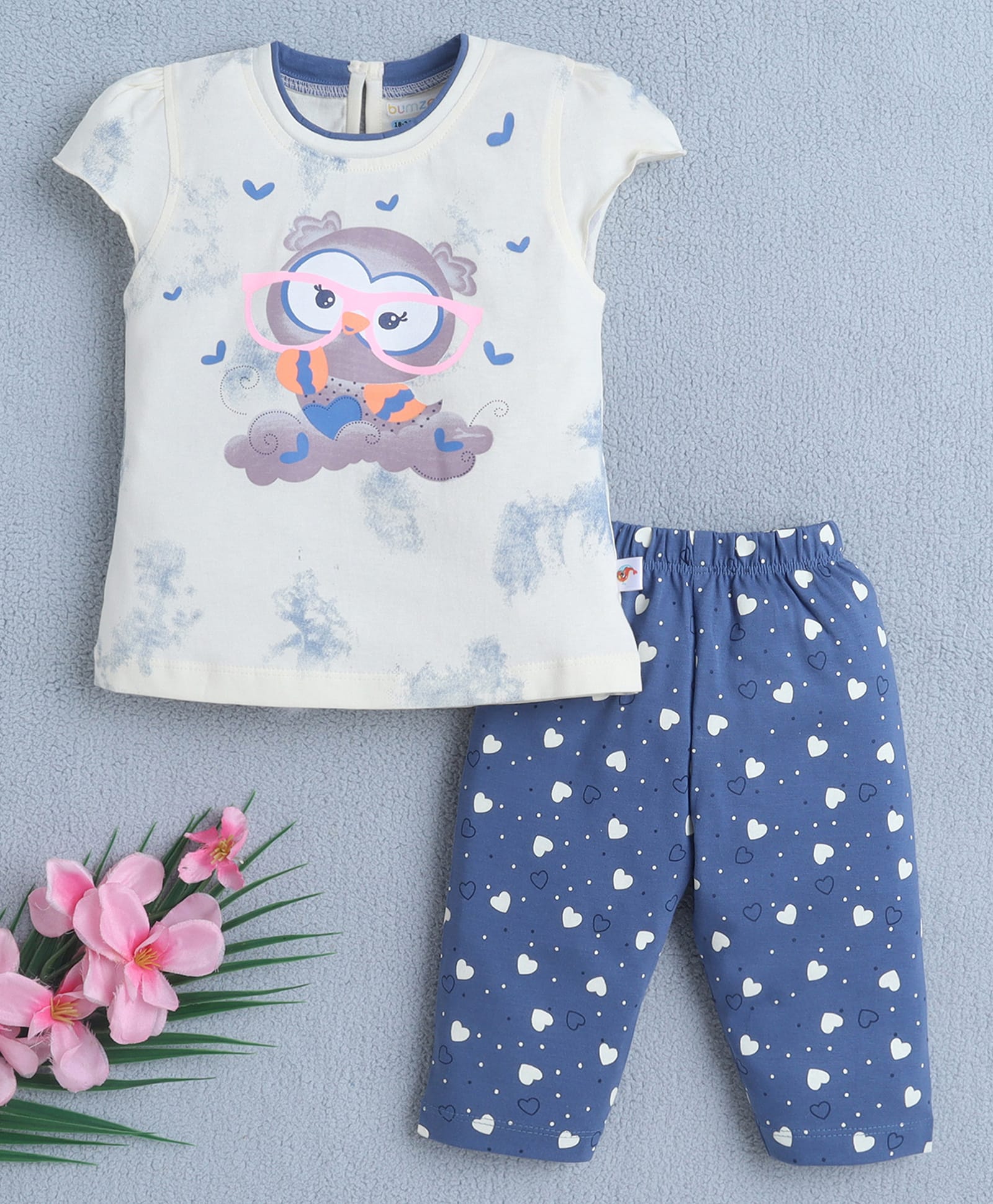 BUMZEE Cotton Knit Cap Sleeves Owl Printed T-Shirt & Capri Set - Lemon & Blue-picture-38