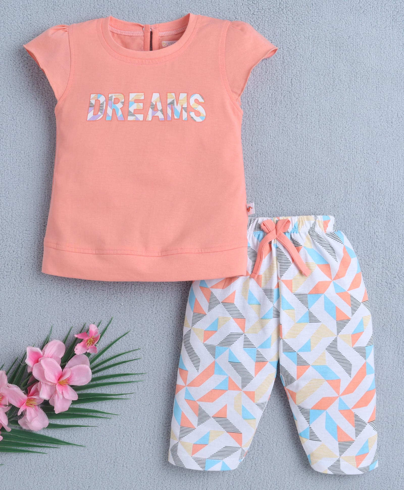 BUMZEE Cotton Knit Cap Sleeves Geometric Printed T-Shirt & Capri Set - Peach & White-image-20
