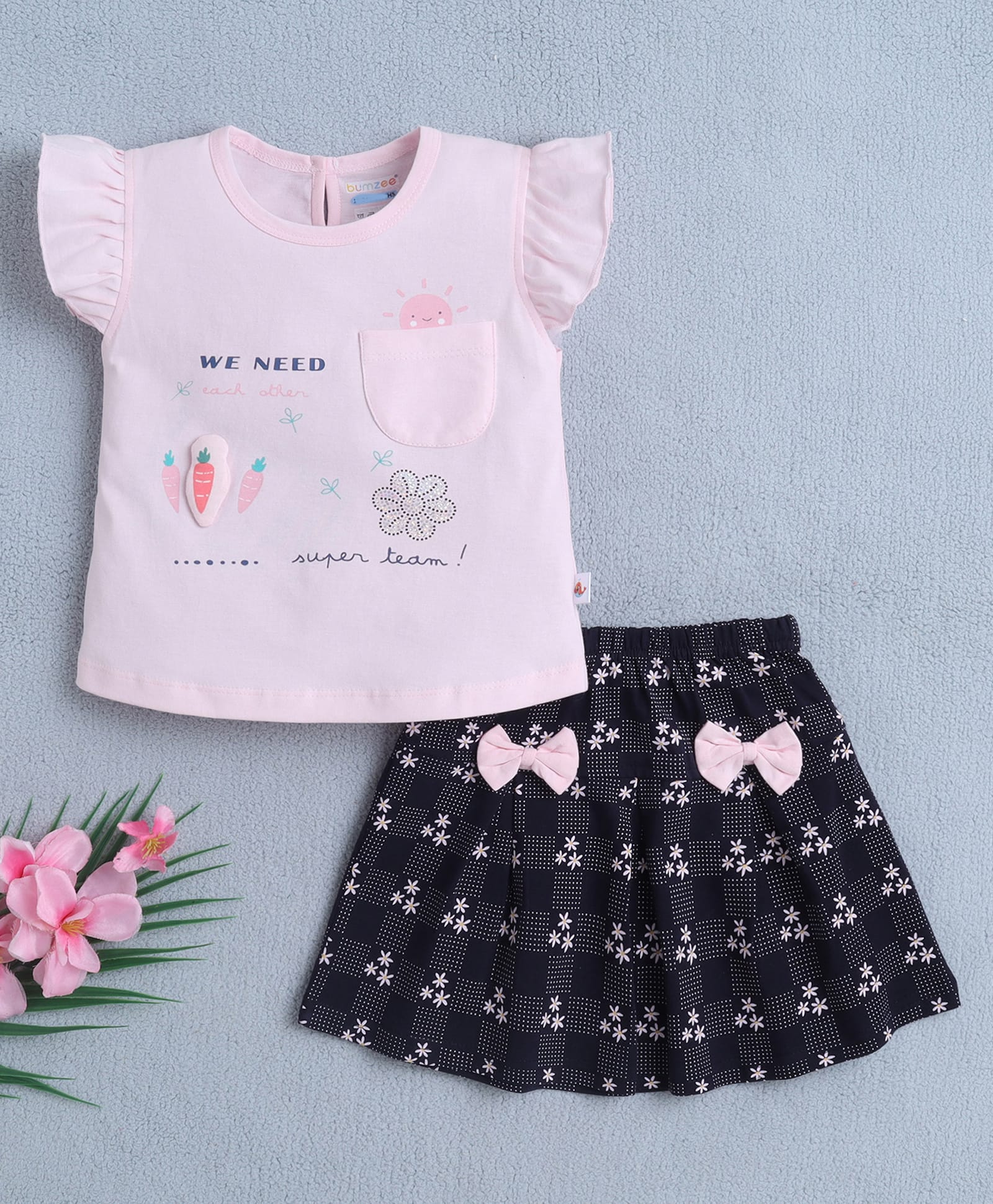 BUMZEE Cotton Knit Frill Sleeves Floral Print Top & Skirt Set with Bow Applique - Pink & Navy Blue-image-31