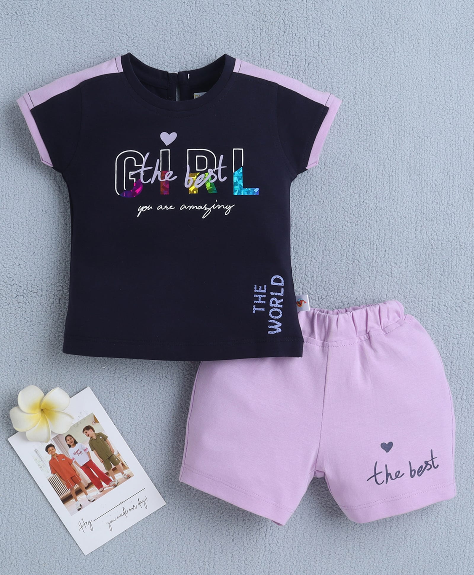 BUMZEE Cotton Knit Half Sleeves Text Printed T-Shirt & Short Set - Navy & Lavender-picture-21