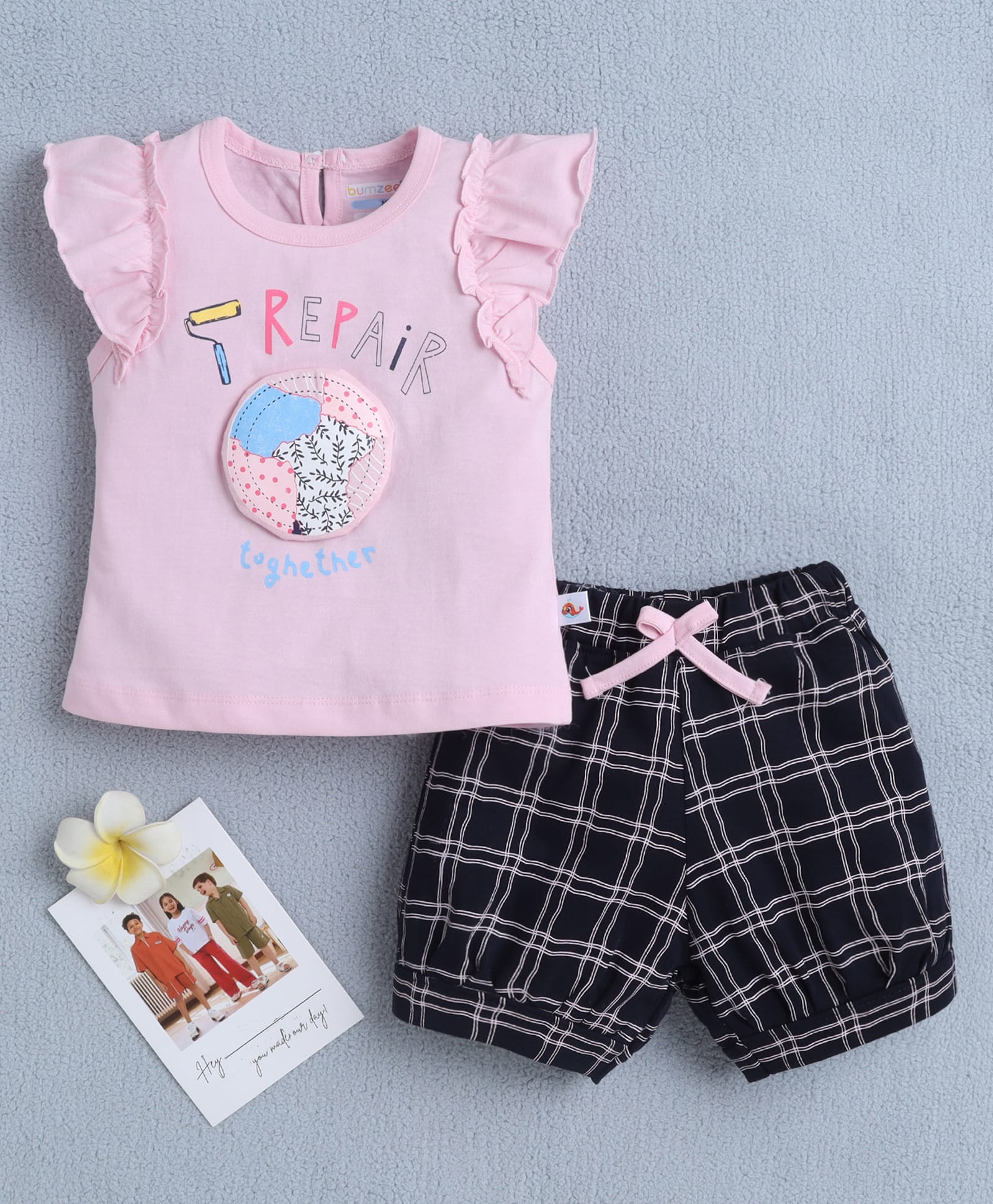 BUMZEE Cotton Knit Cap Sleeves Text & Checks Print T-Shirt & Short Set - Pink & Navy Blue-image-28