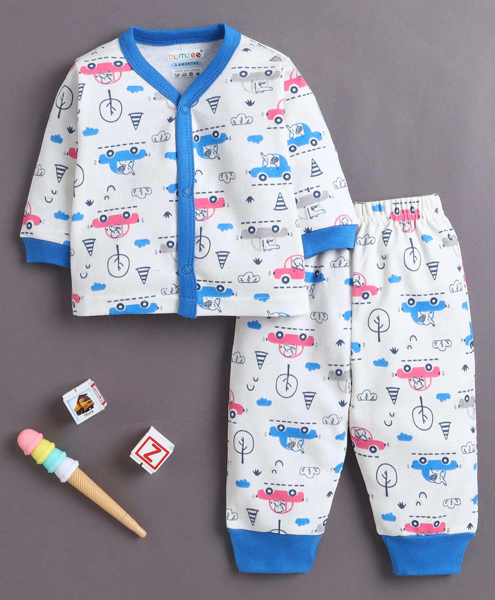 BUMZEE Cotton Knit Full Sleeves Car Printed Co-Ords T-Shirt & Pyjama Night Suit - Offwhite & Blue-picture-39