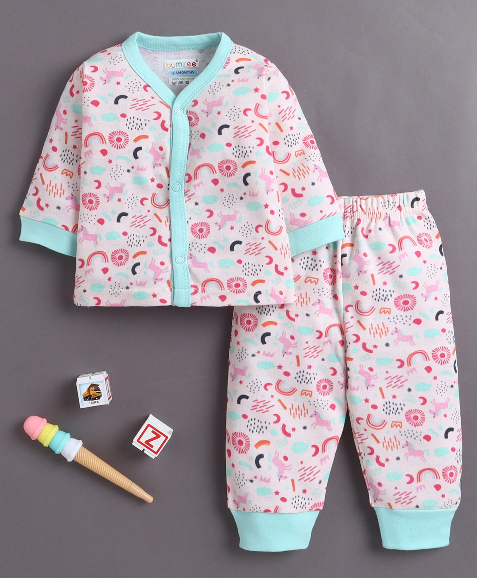 BUMZEE Cotton Knit Full Sleeves Unicorn Printed Co-Ords T-Shirt & Pyjama Night Suit - Pink-picture-17