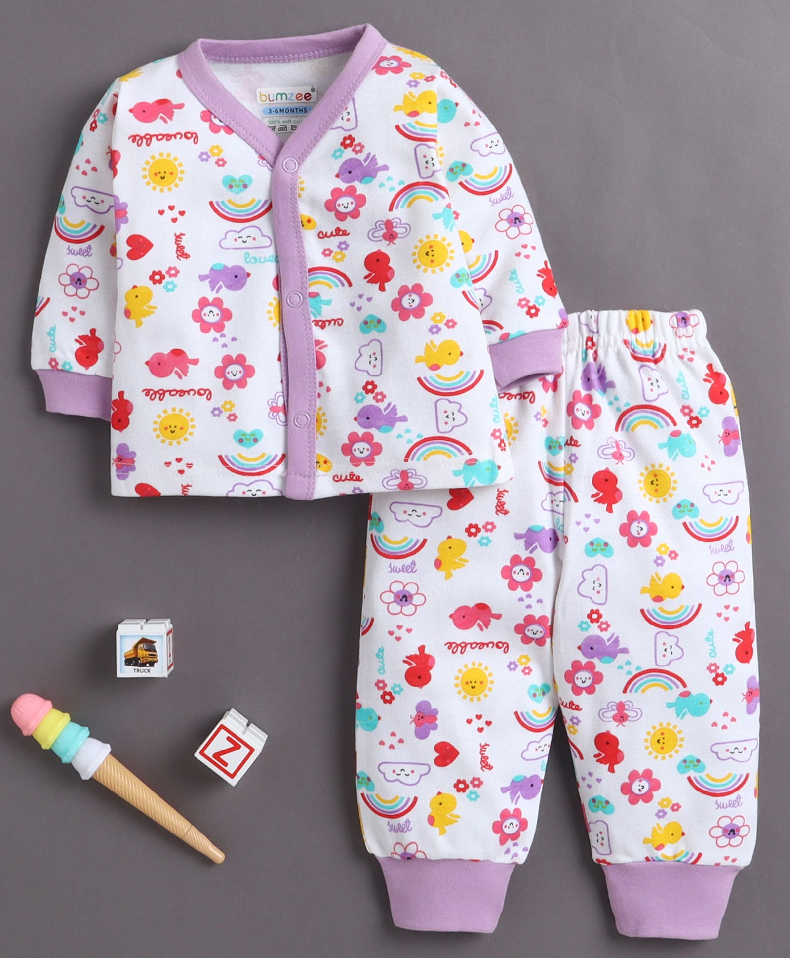 BUMZEE Cotton Knit Full Sleeves Birds Printed Co-Ords T-Shirt & Pyjama Night Suit - White & Lavender-image-42