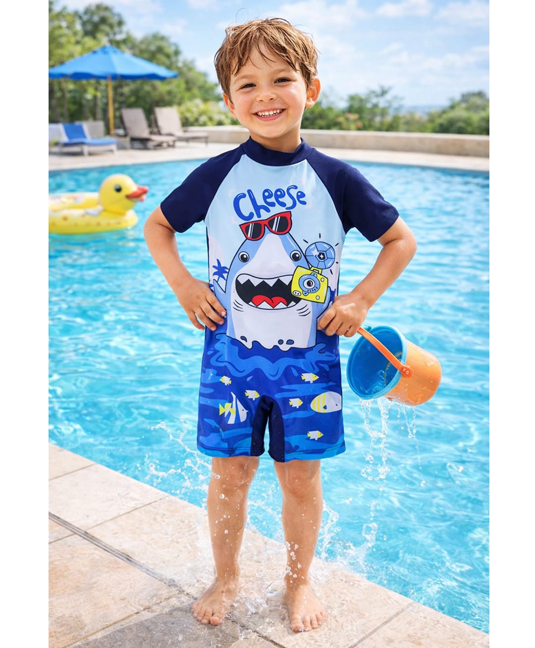 PASSION PETALS Lycra Knit Half Sleeves Shark Printed Swimsuit - Light Blue-image-39