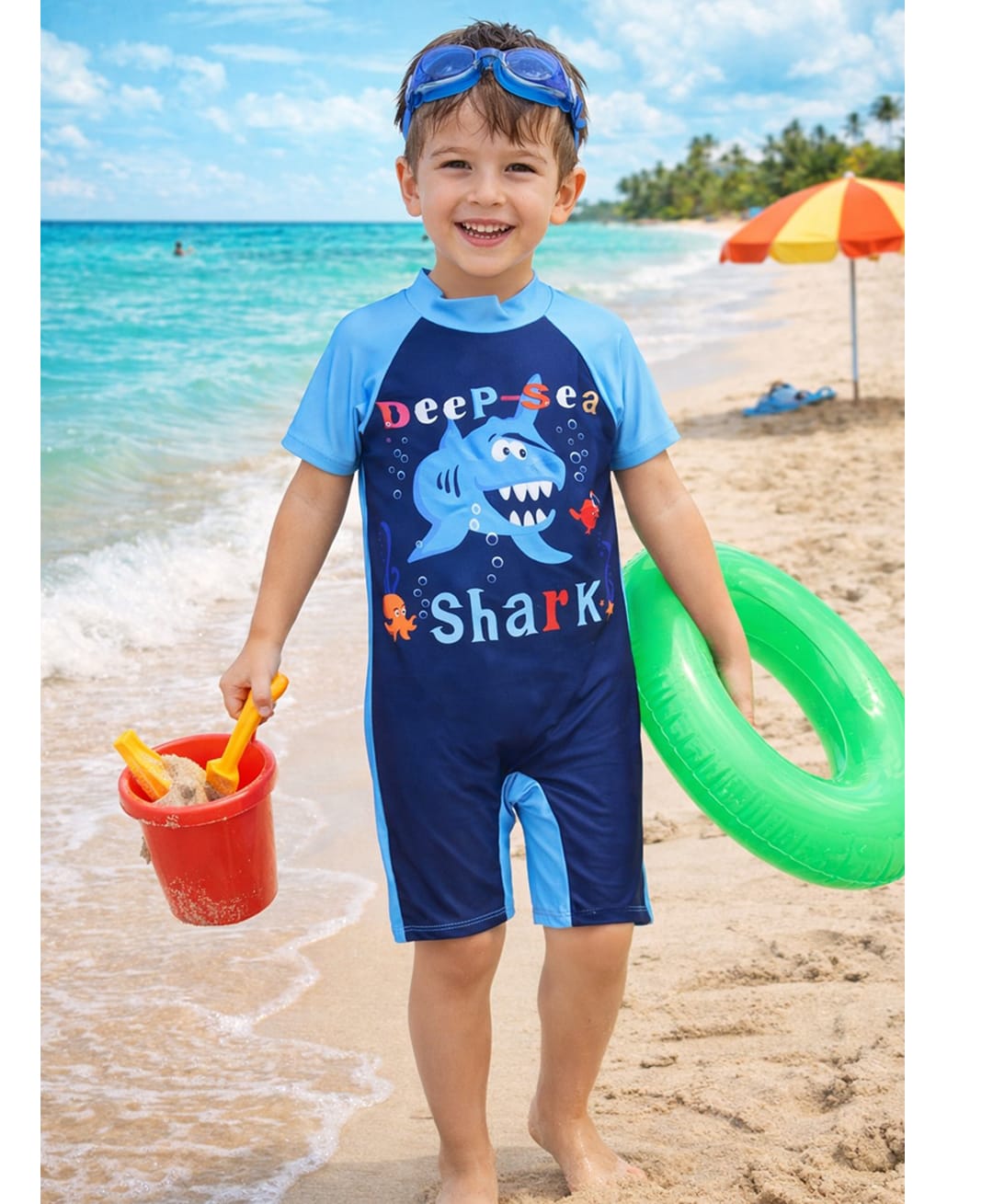PASSION PETALS Lycra Knit Half Sleeves Shark Printed Swimsuit - Navy Blue-image-41