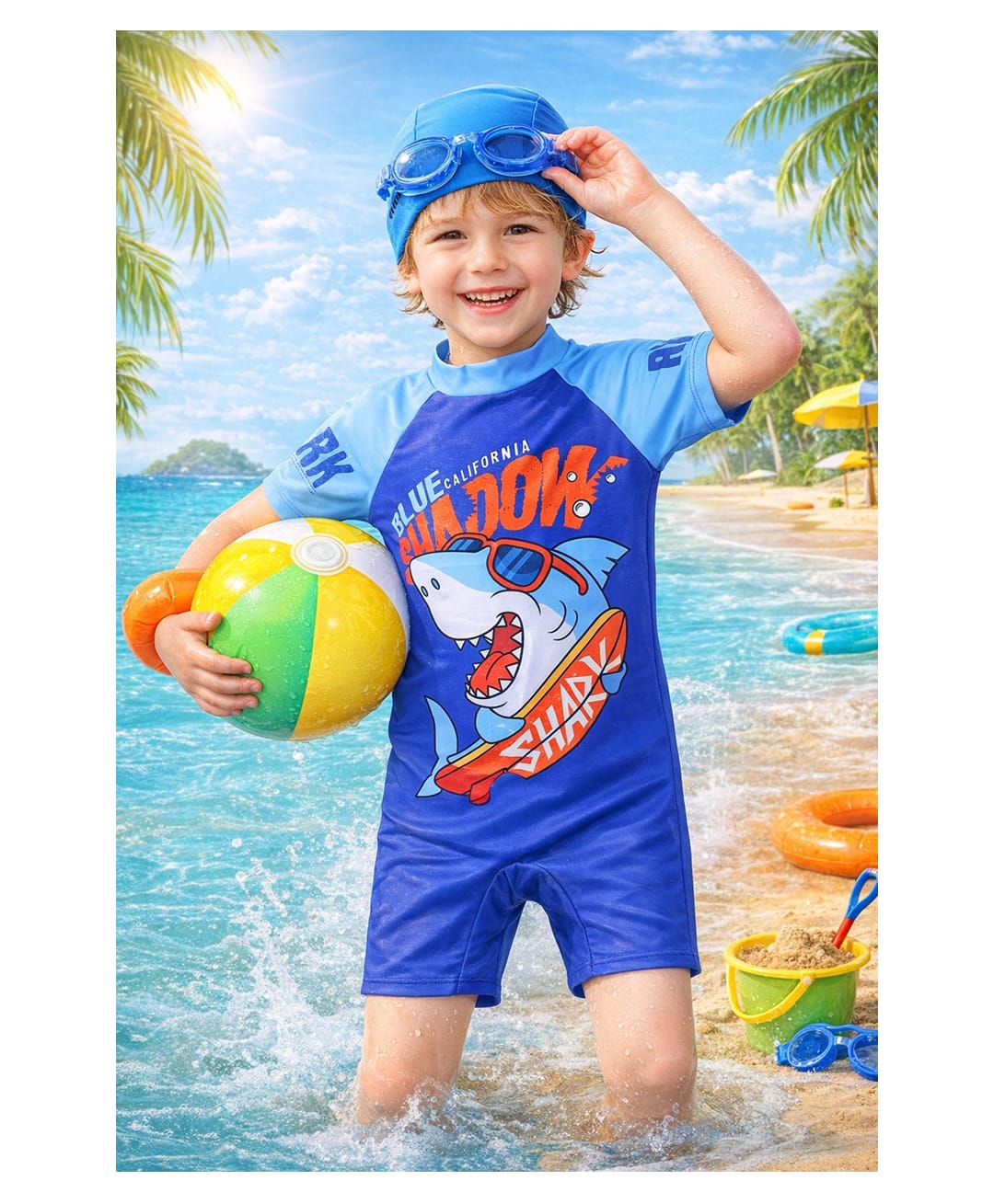 PASSION PETALS Lycra Knit Half Sleeves Shark Printed Swimsuit - Royal Blue-image-40