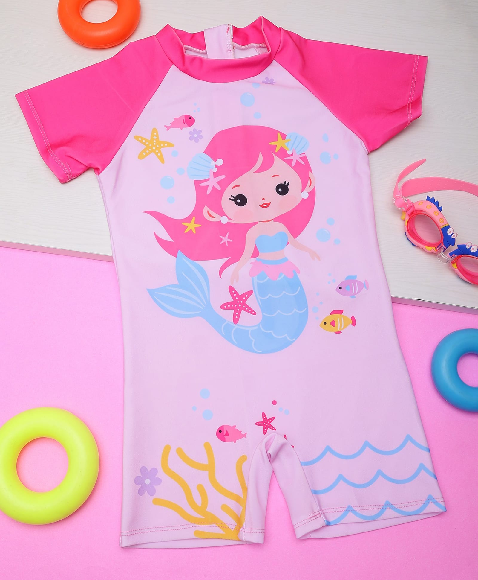 PASSION PETALS Lycra Knit Half Sleeves Mermaid Printed Swimsuit - Pink-image-31