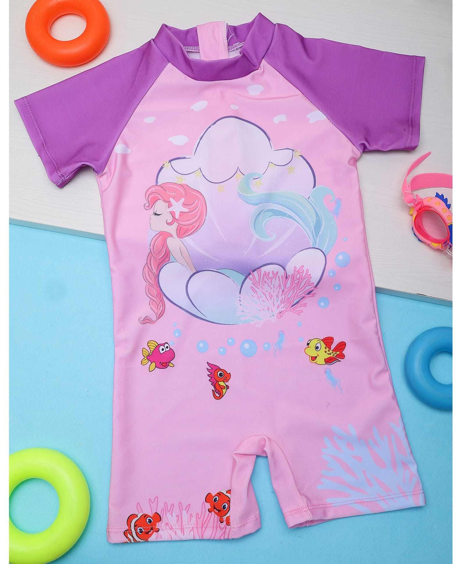 PASSION PETALS Lycra Knit Half Sleeves Mermaid & Sea Shell Printed Swimsuit - Purple-image-14
