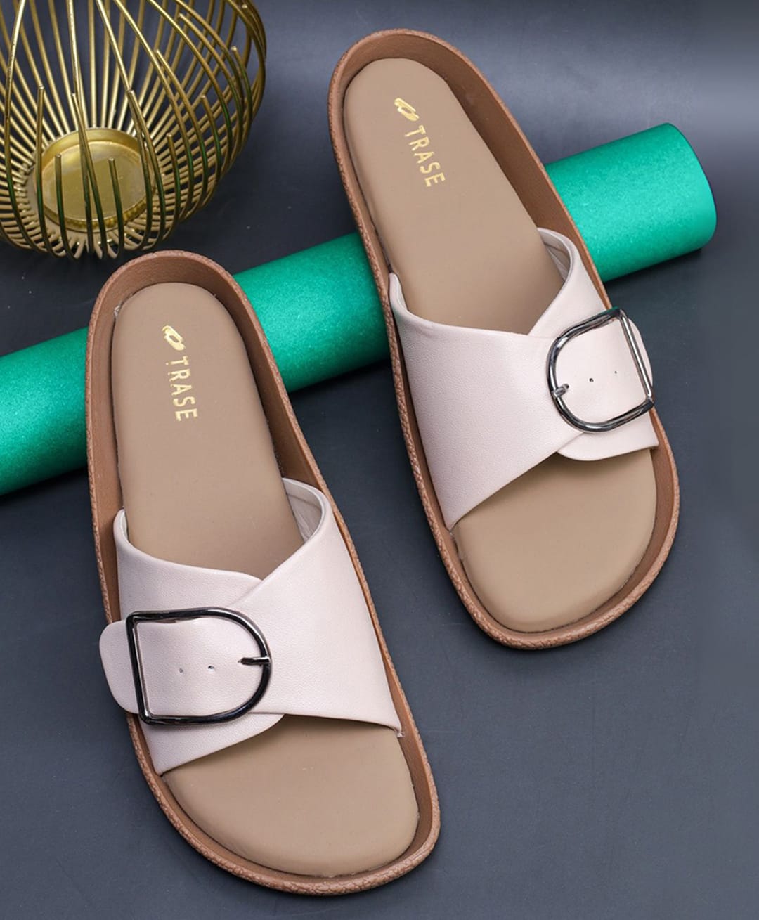 TRASE Buckle Detailed Slip On Sandals - Cream-image-36