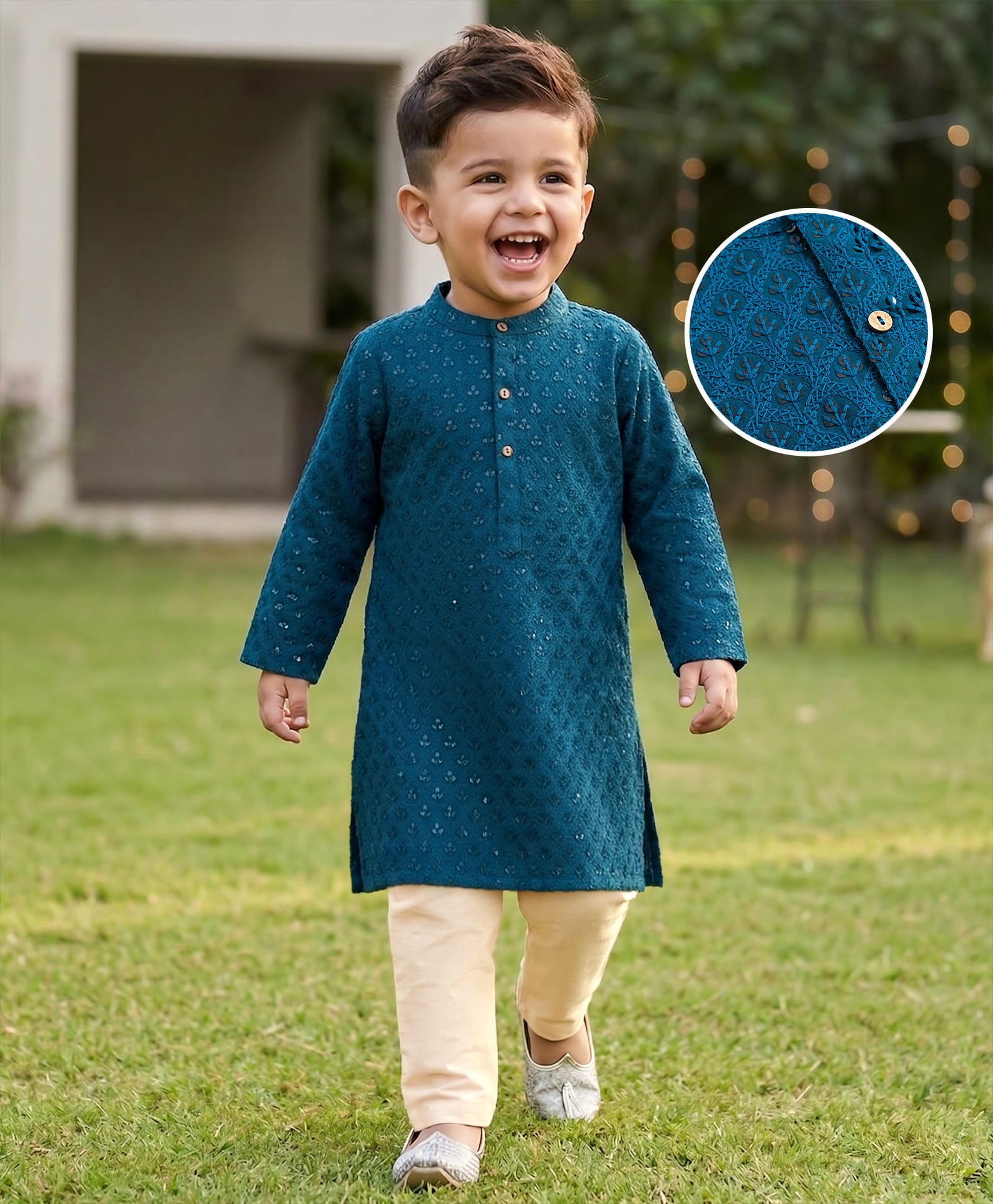 Babyhug Georgette Woven Full Sleeves Kurta Pyjama Set With Embroidery - Teal Blue-image-47