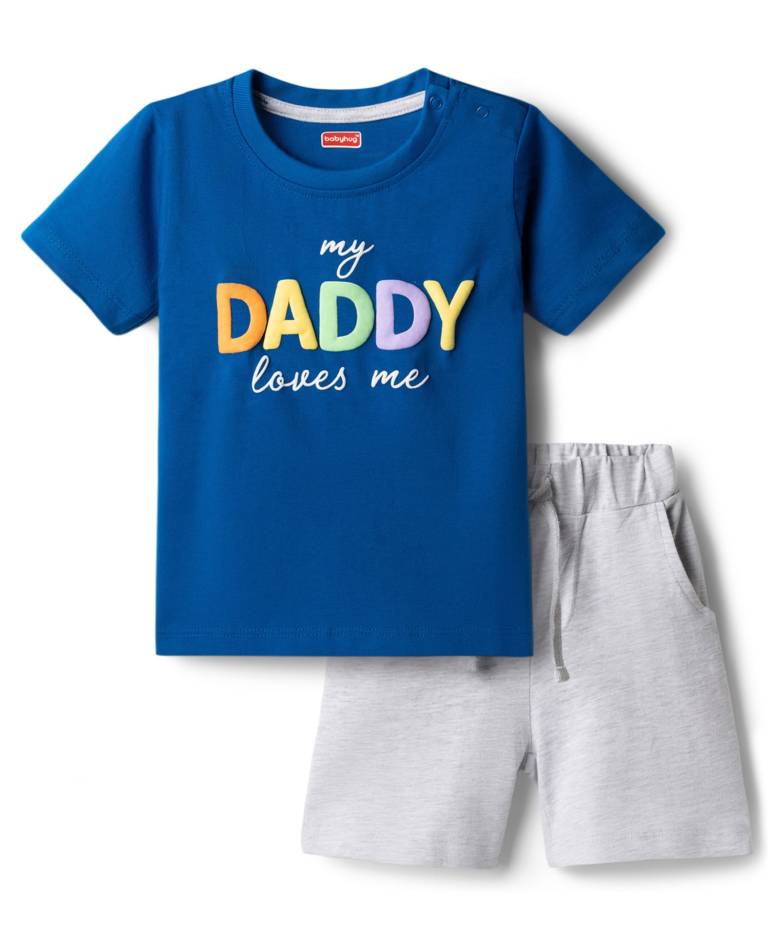 Babyhug Single Jersey Knit Half Sleeves T-Shirt & Shorts Set with Text Print - Blue & Grey-picture-22