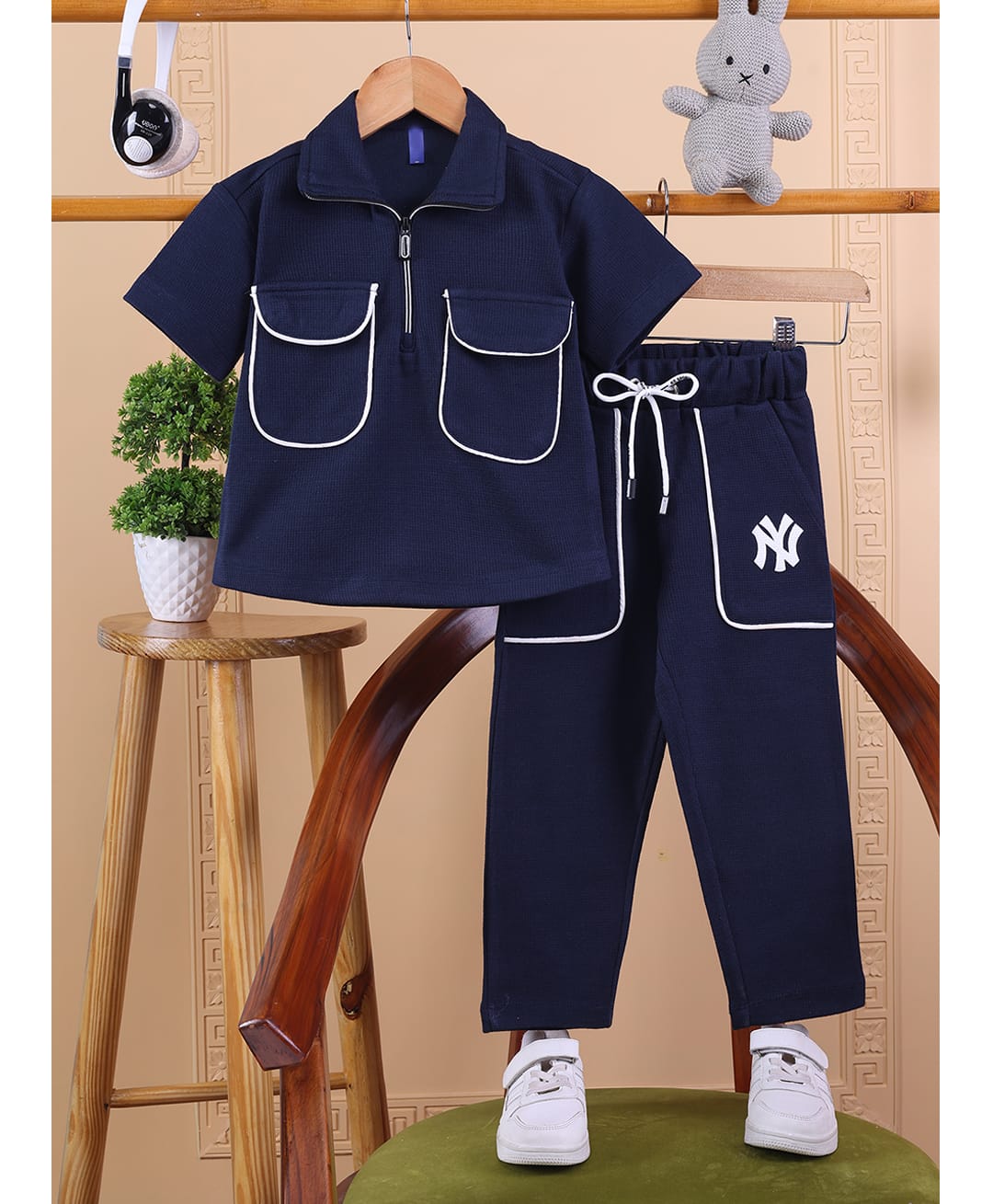 Little Marine Cotton Blend Knit Half Sleeves Solid Tee & Pants Set - Navy Blue-picture-14