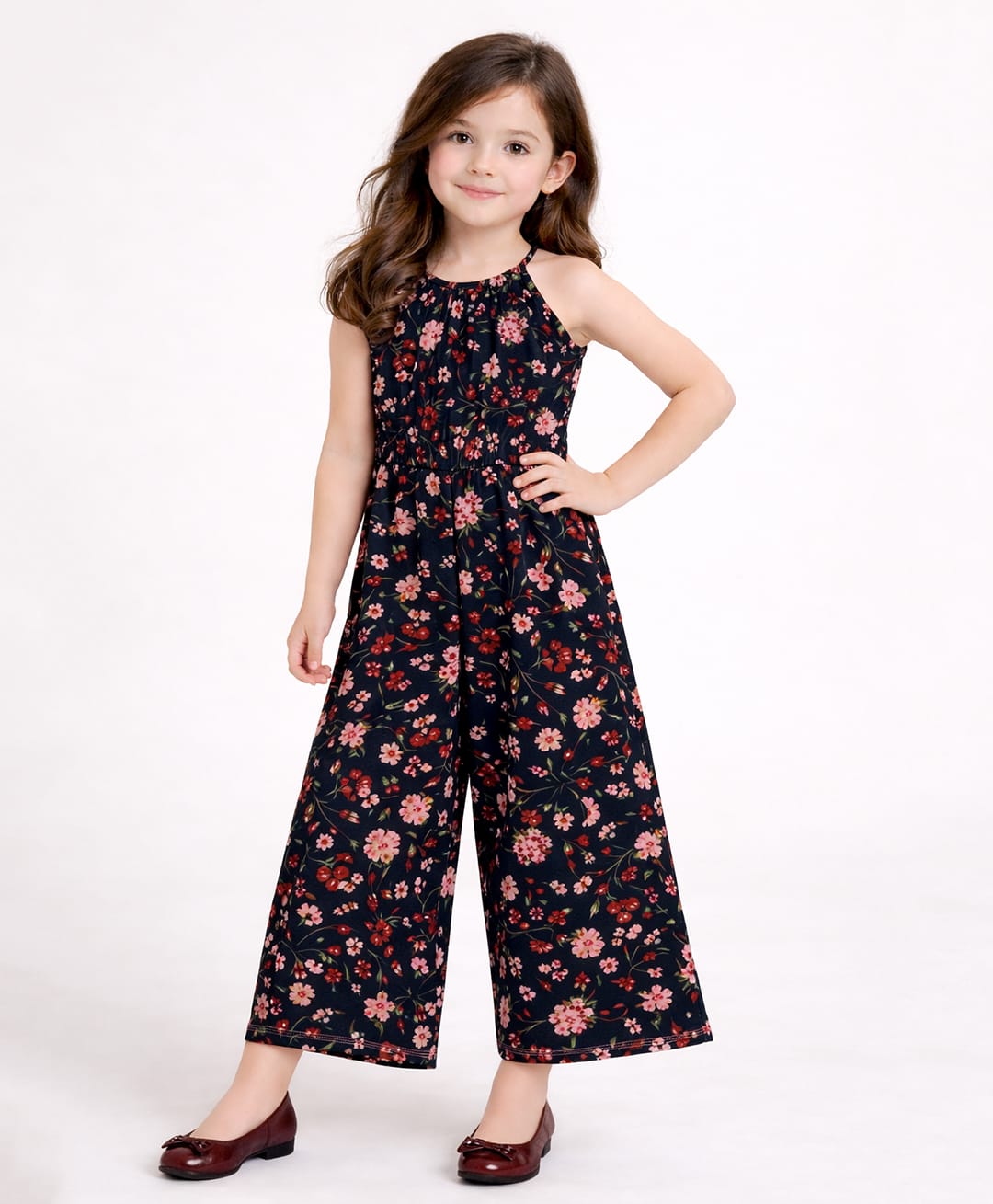 Little Marine Cotton Blend Woven Sleeveless Floral Printed Jumpsuit - Blue-picture-1