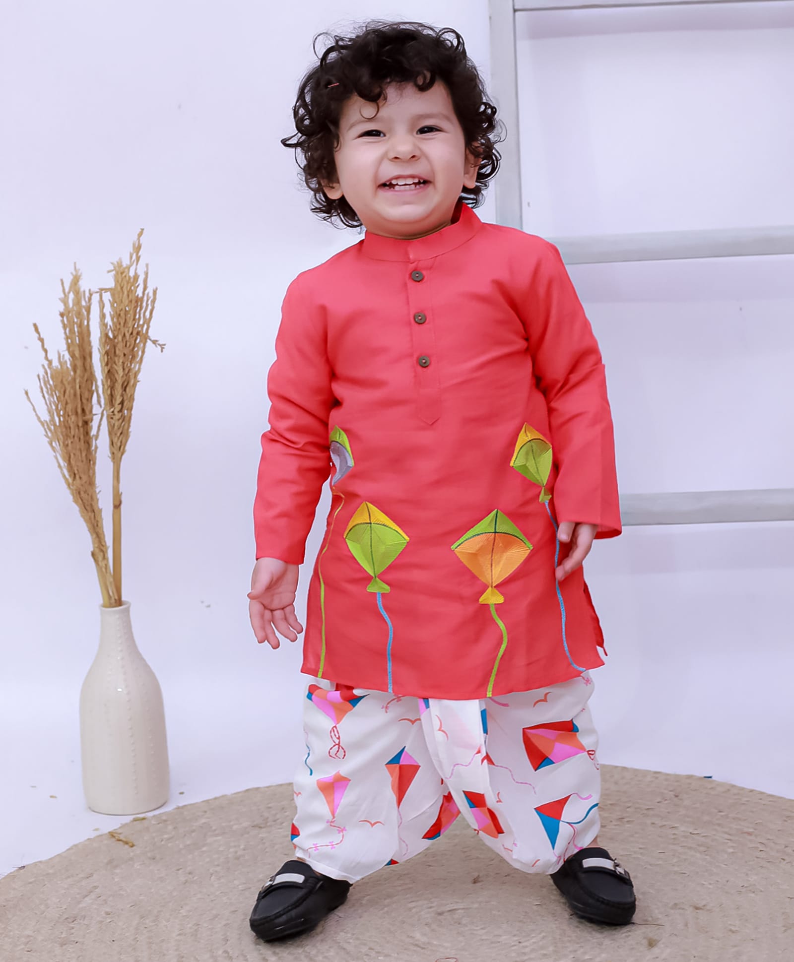 KID1 Cotton Woven Full Sleeves Kite Embroidered Dhoti Kurta Set - Red