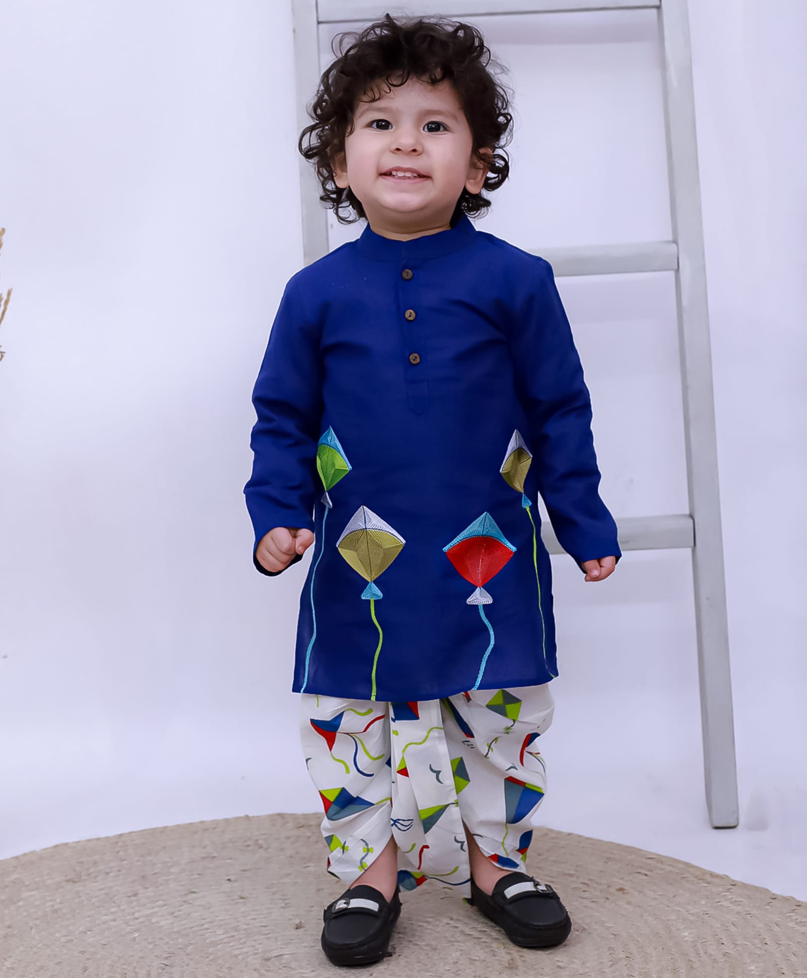 KID1 Cotton Woven Full Sleeves Kite Embroidered Dhoti Kurta Set - Blue-image-5