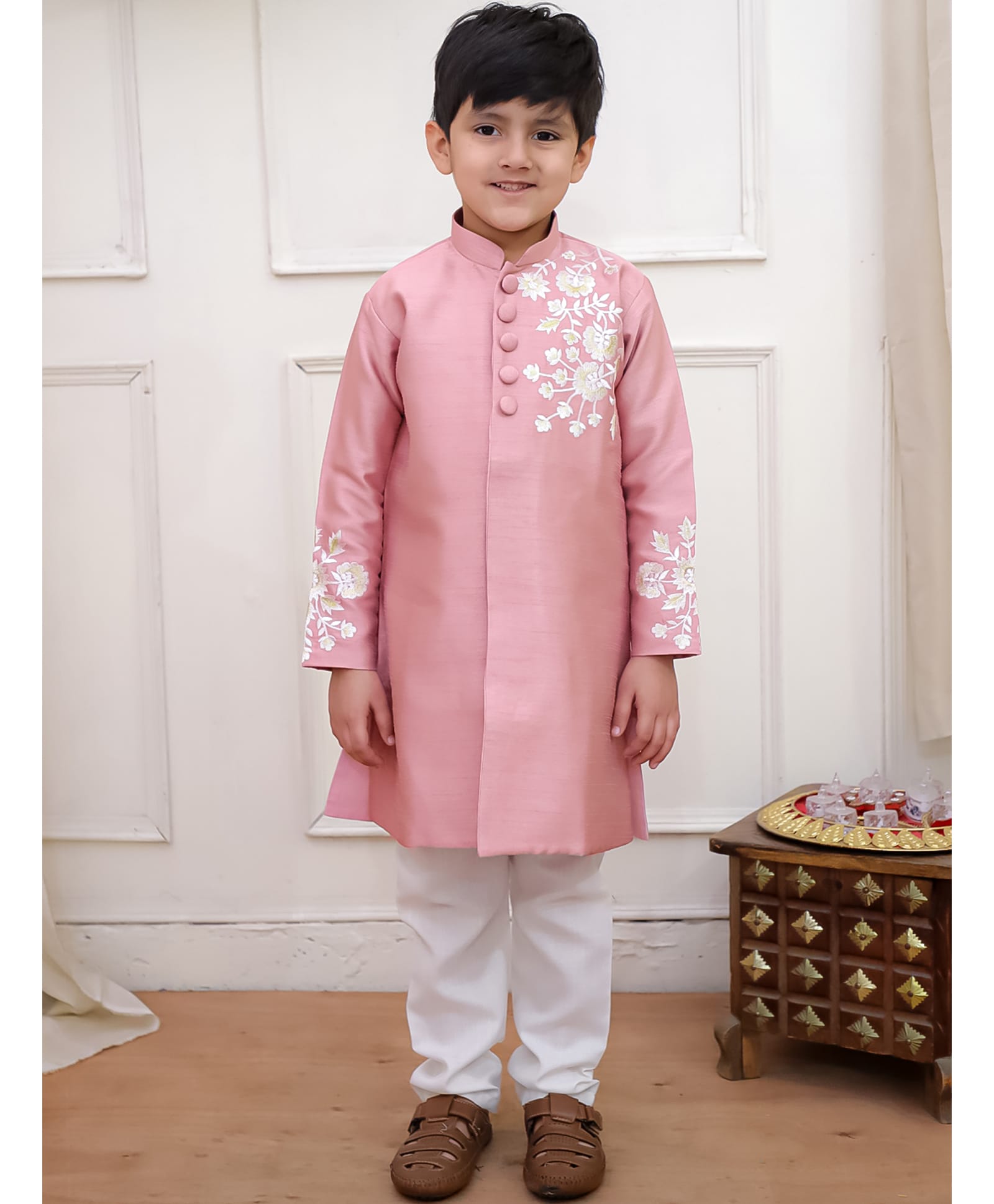 KID1 Silk Woven Full Sleeves Floral Embroidered Sherwani & Pyjama Set - Peach
