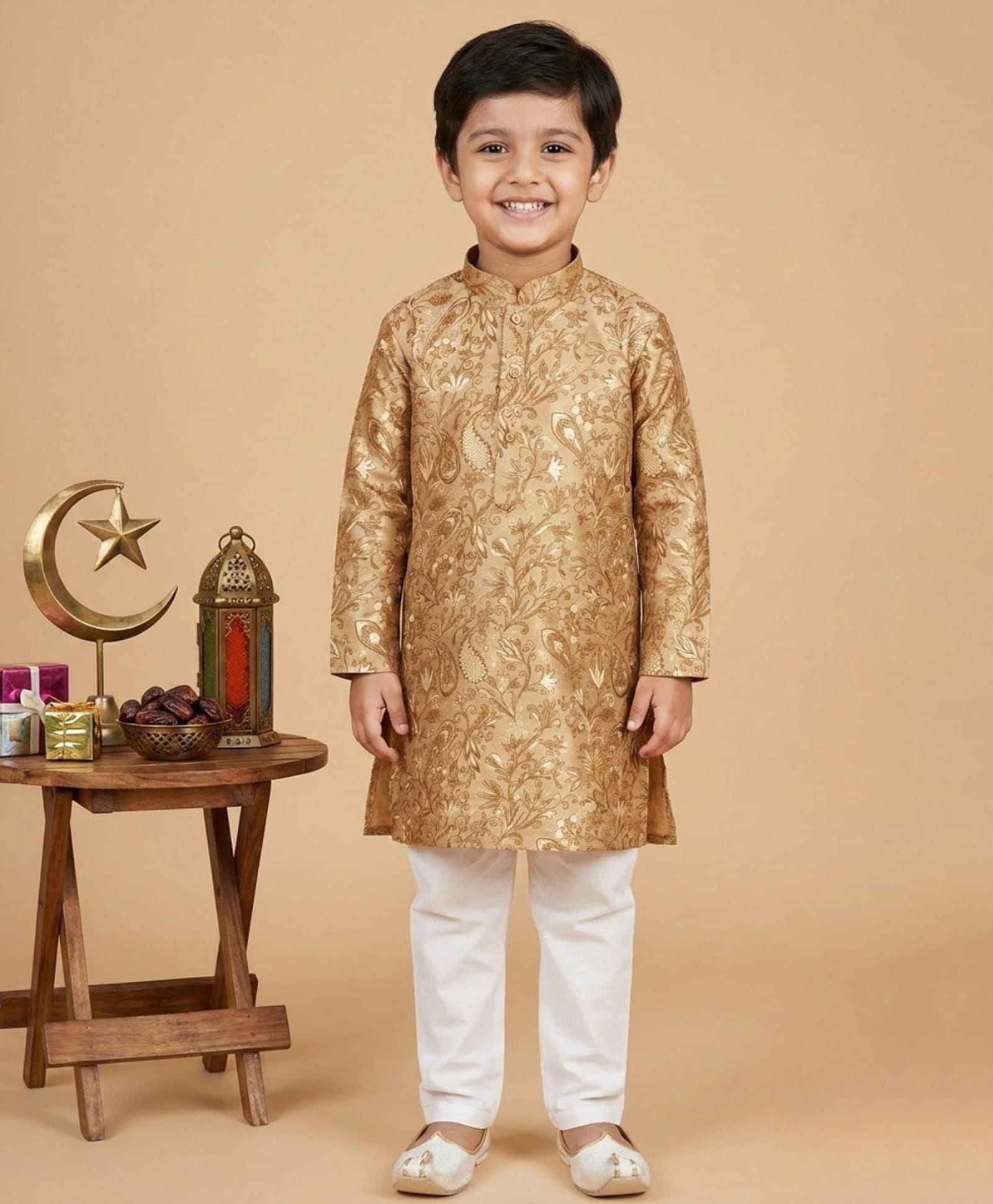 Pehanaava Blended Woven Full Sleeves Floral & Paisley Printed Kurta Pyjama Set - Rose Gold-image-46