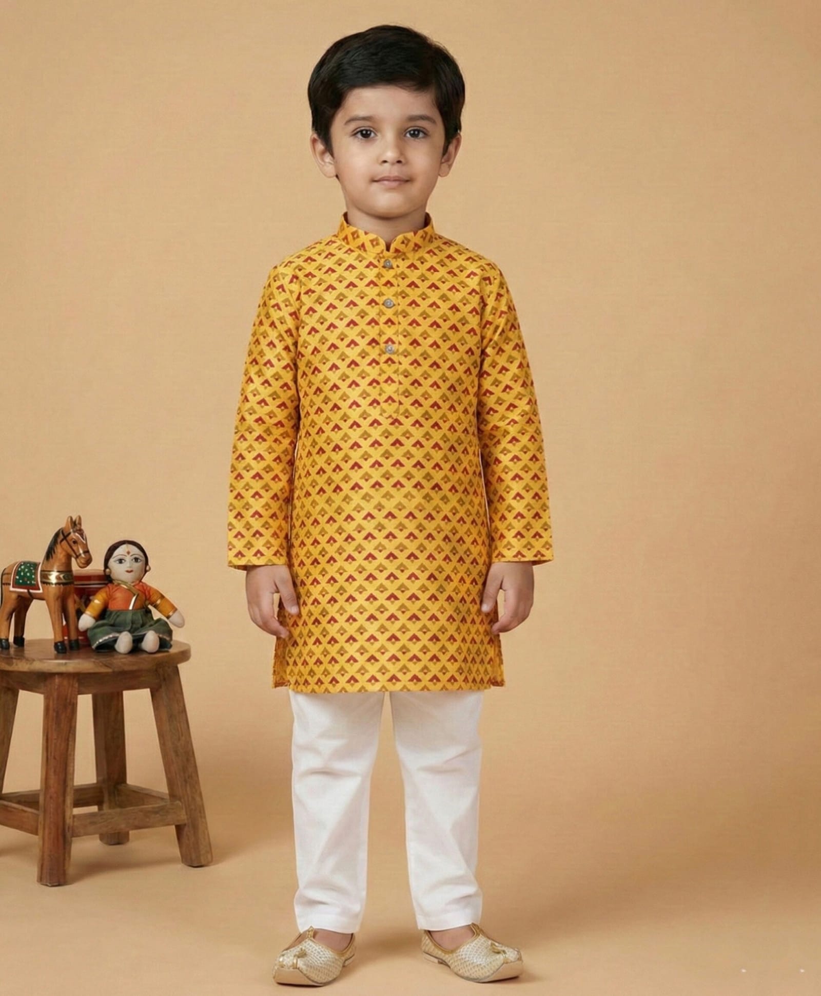 Pehanaava Blended Woven Full Sleeves Ethnic Printed Kurta Pyjama Set - Light Yellow-image-47