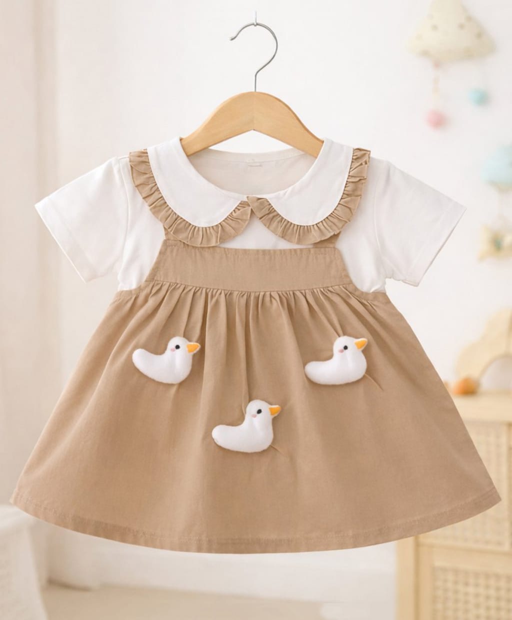 POP STREET KIDS Cotton Blend Woven Half Sleeves Duck Applique Detailed Dress - Brown