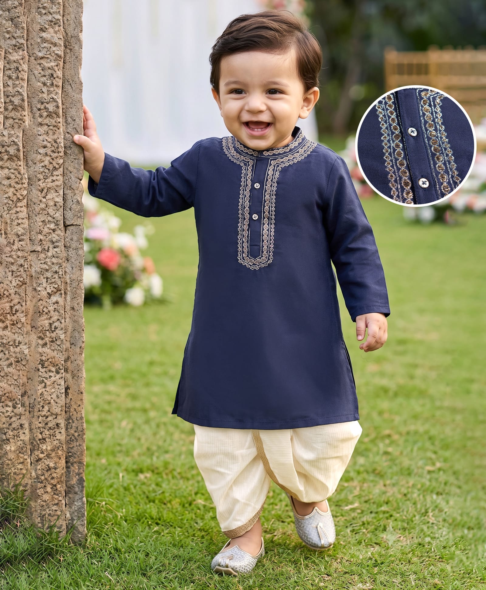 Babyhug Cotton Woven Full Sleeves Embroidered Kurta & Dhoti Set - Navy Blue-image-46