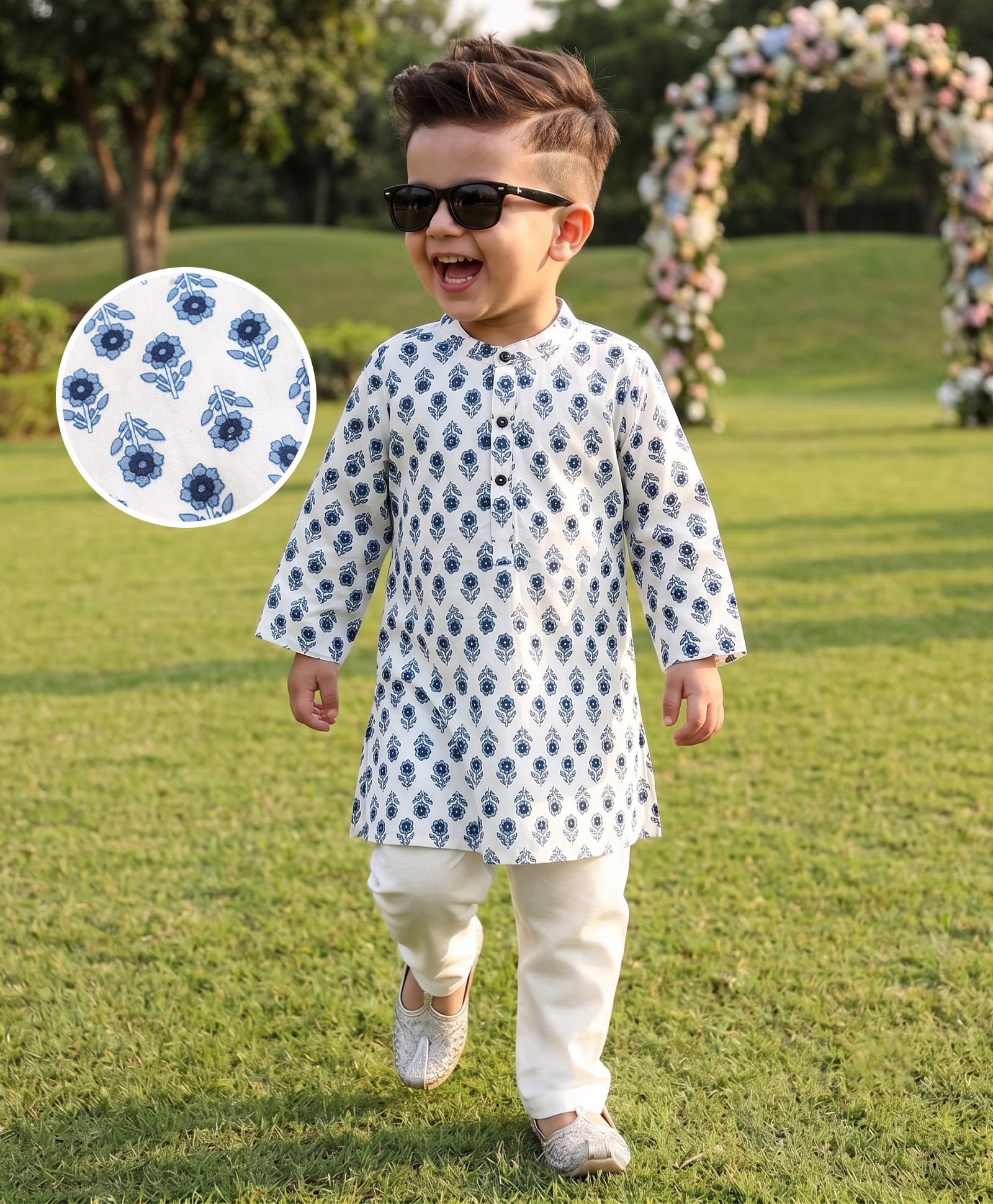 Babyhug Cambric Woven Full Sleeves Kurta Pyjama Set with Floral Print - White-image-48