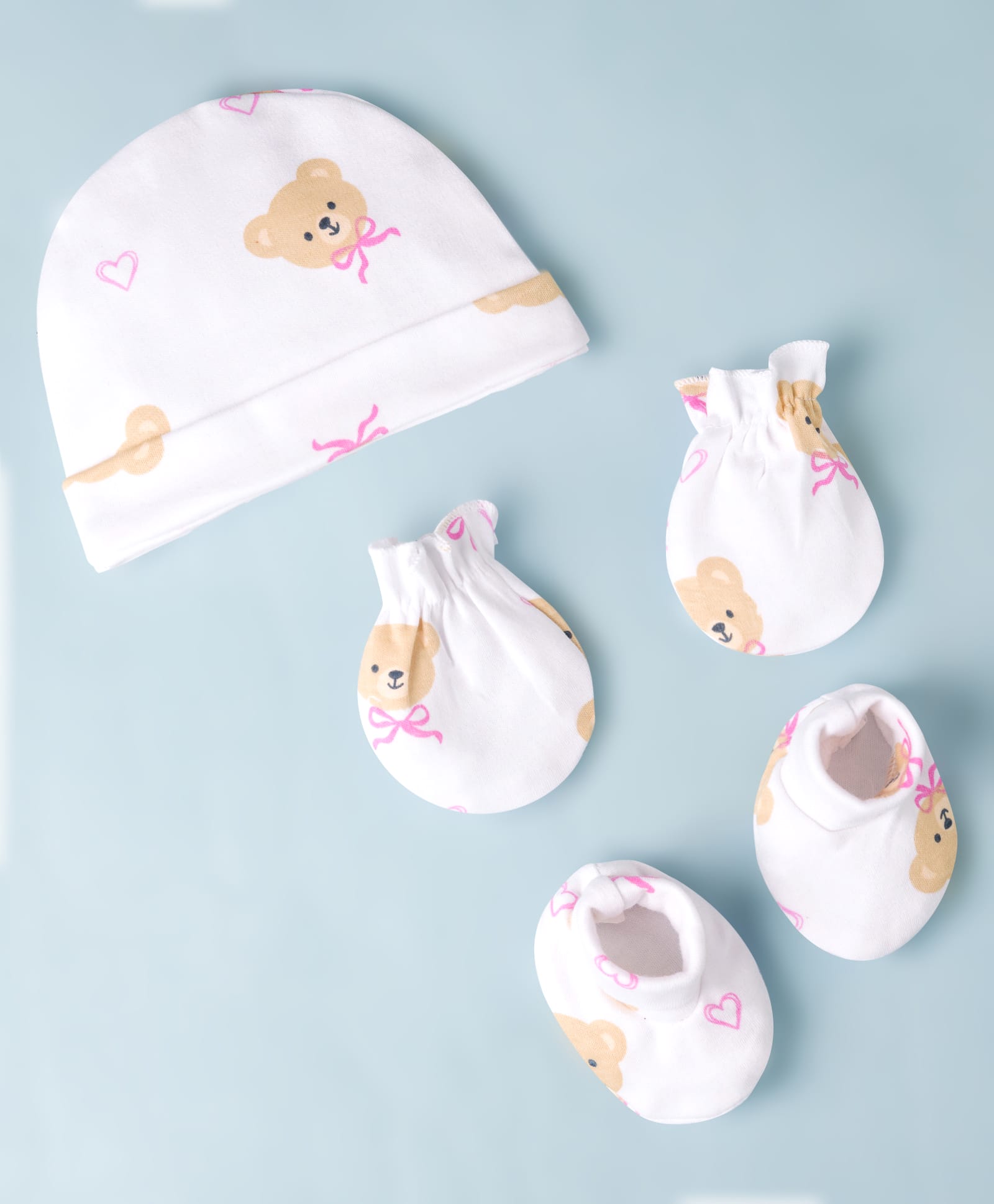 Babyhug 100% Cotton Interlock Knit Cap Mittens & Booties Bear Face Print - Diameter 10.5 cm-image-3