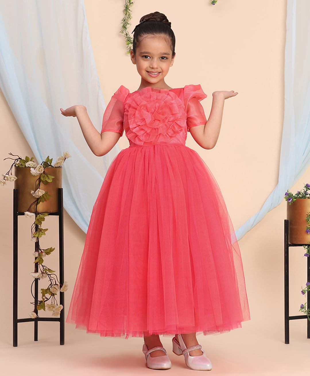 Toy Balloon Kids Satin Woven Half Sleeves Floral Applique Detailed Gown - Coral-image-14