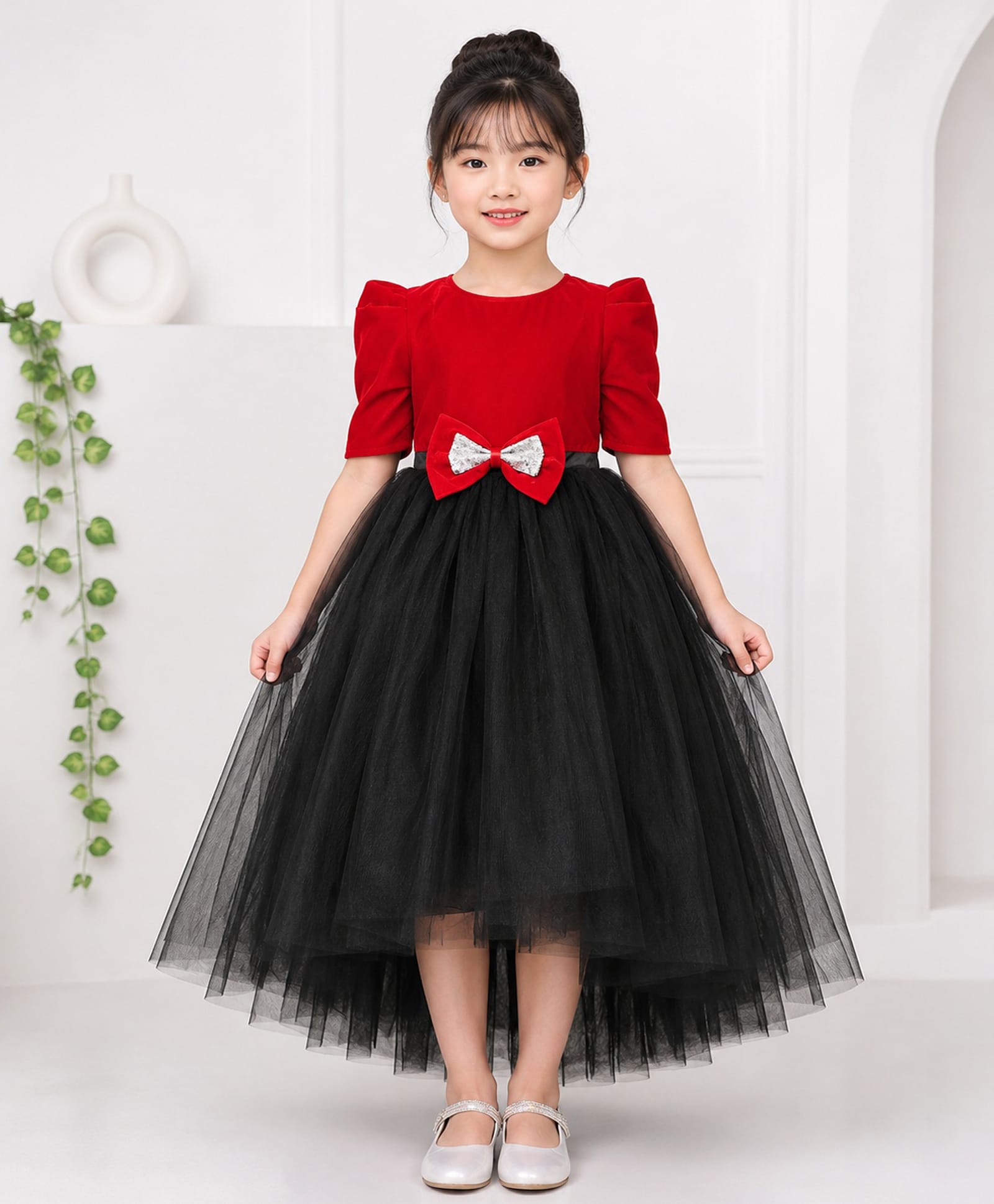 Toy Balloon Kids Velvet Woven Three Fourth Sleeves Bow Applique Detailed Dress - Red & Black-picture-15