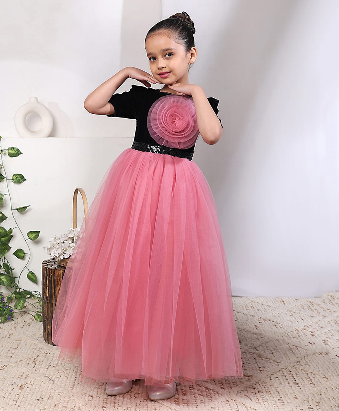 Toy Balloon Kids Satin Mesh Three Fourth Sleeves Sequins Embellished Floral Applique Detailed Gown - Rose Pink-image-28