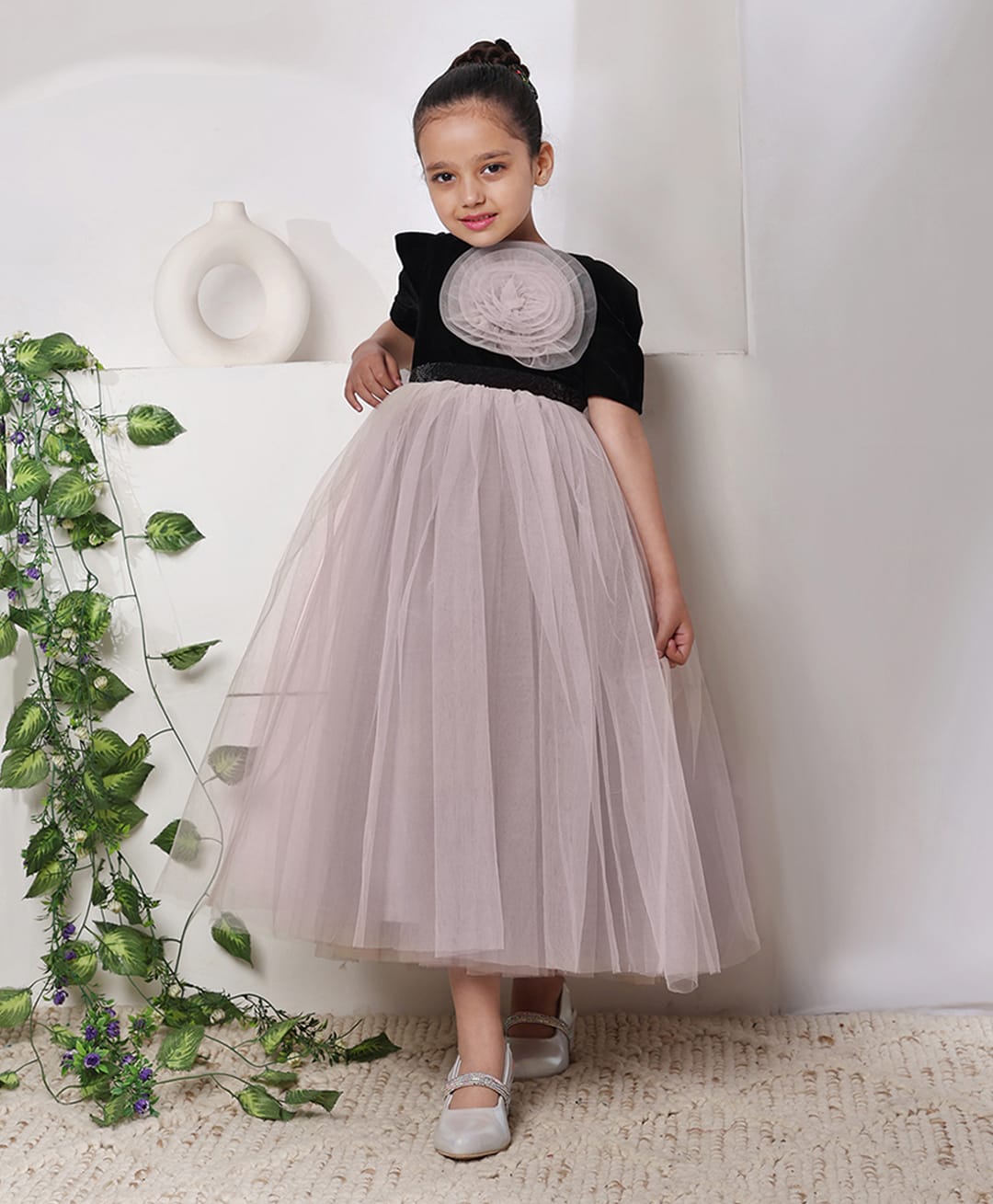 Toy Balloon Kids Satin Woven Three Fourth Sleeves Sequins Embellished Floral Applique Detailed Gown - Grey-image-26