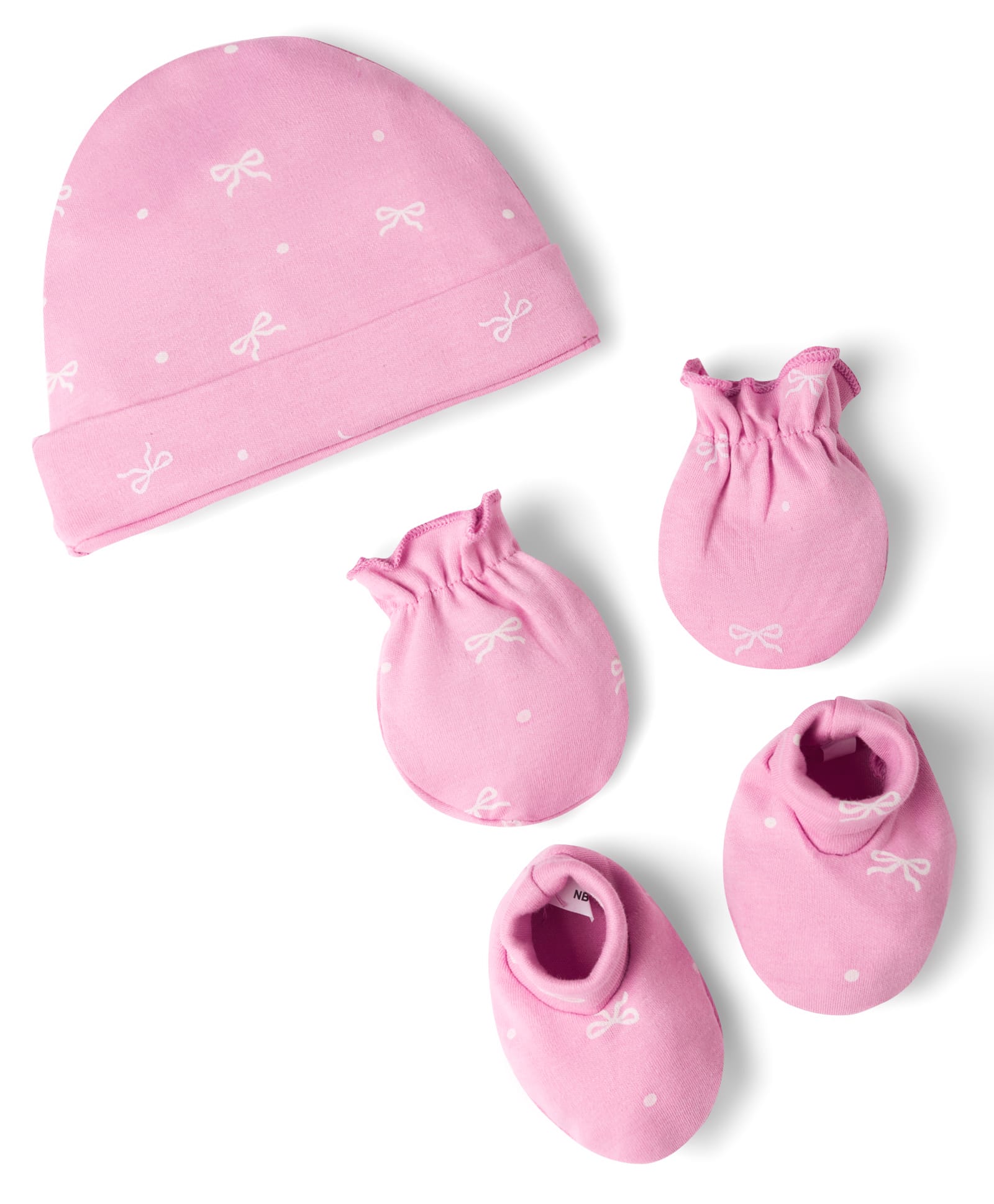 Babyhug 100% Cotton Interlock Knit Cap Mittens & Booties Bow Print - Diameter 10.5 cm-image-12