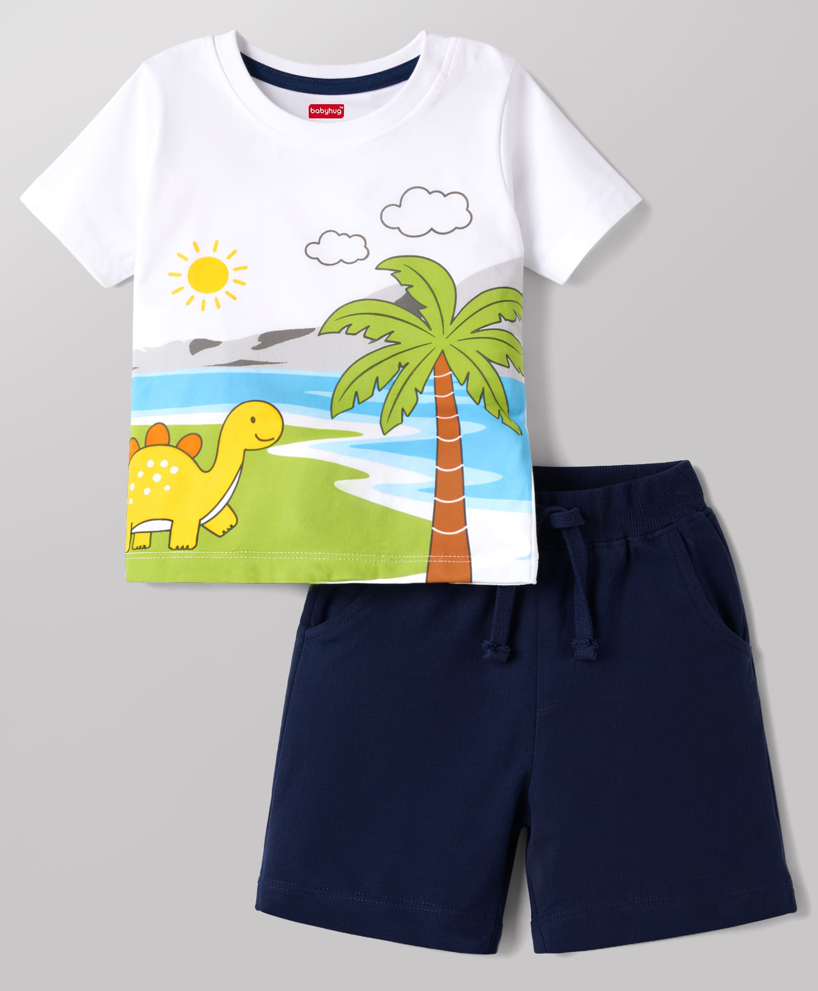 Babyhug Single Jersey Knit Half Sleeves T-Shirt & Shorts Set with Dino Print - White & Blue-picture-17