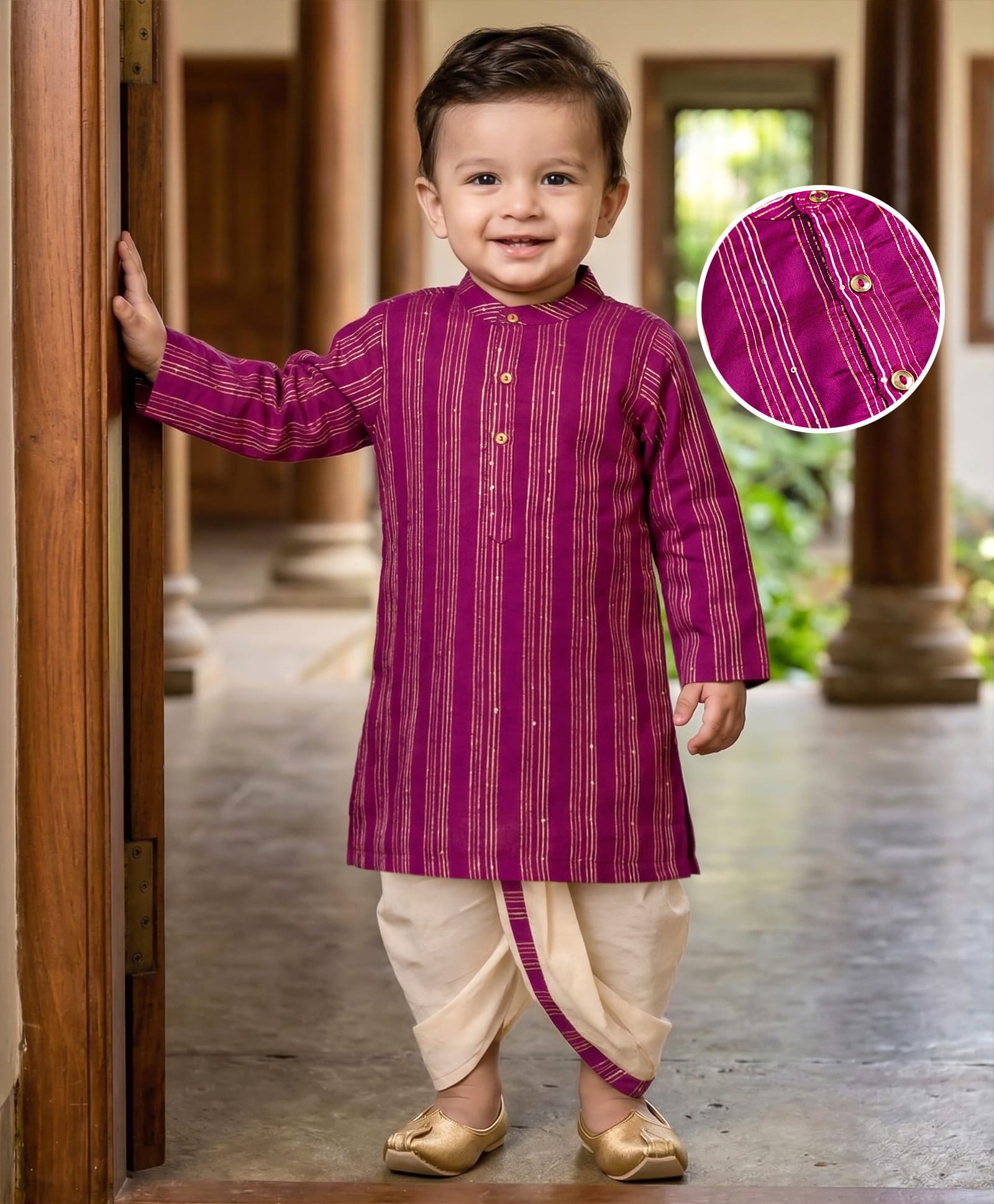 Babyhug Cotton Blend Woven Full Sleeves Foil Printed Dhoti Kurta Set - Wine-picture-23