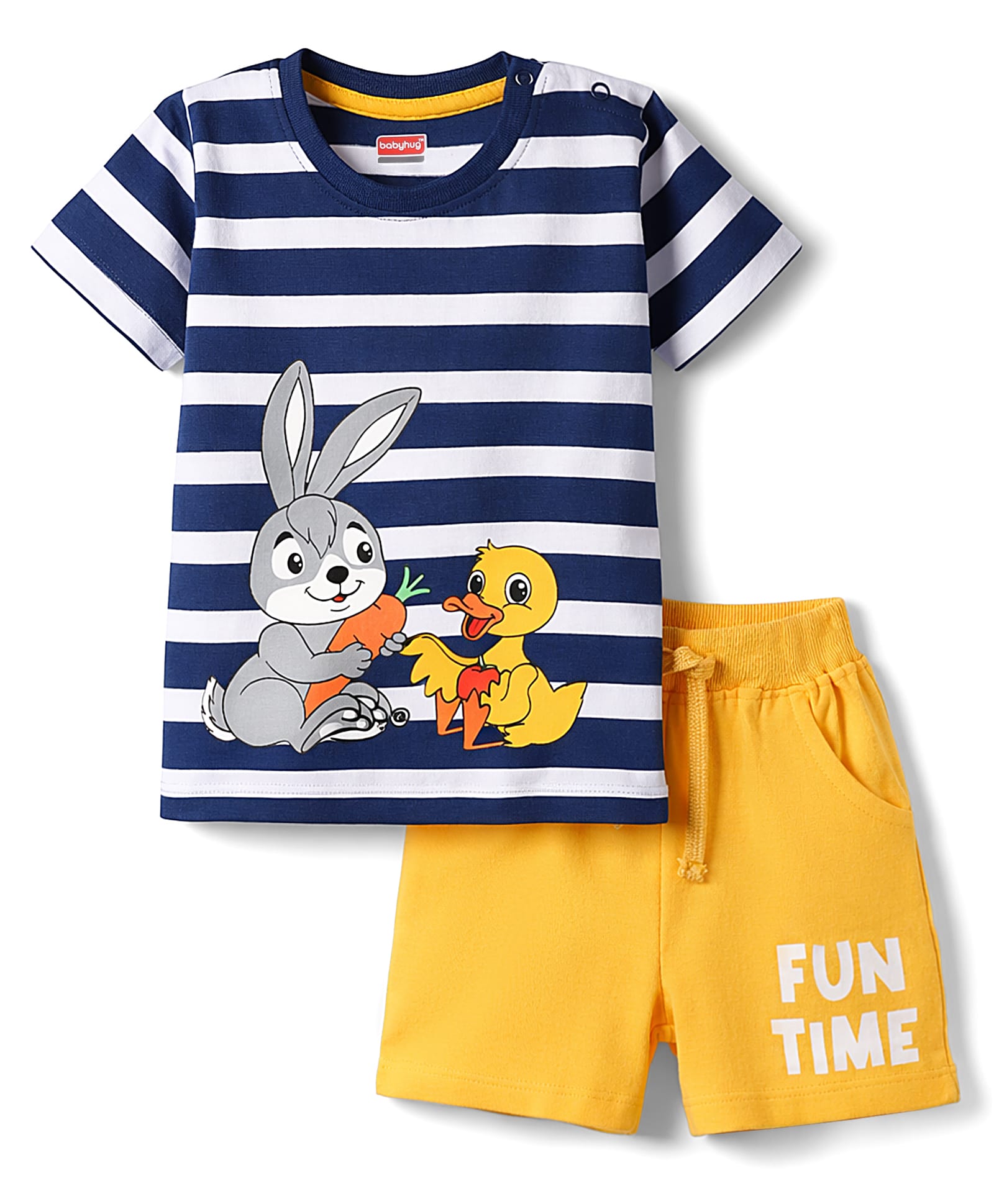 Babyhug Single Jersey Knit Half Sleeves Stripes T-Shirt & Shorts Set with Bunny & Duck Print - Yellow-image-41