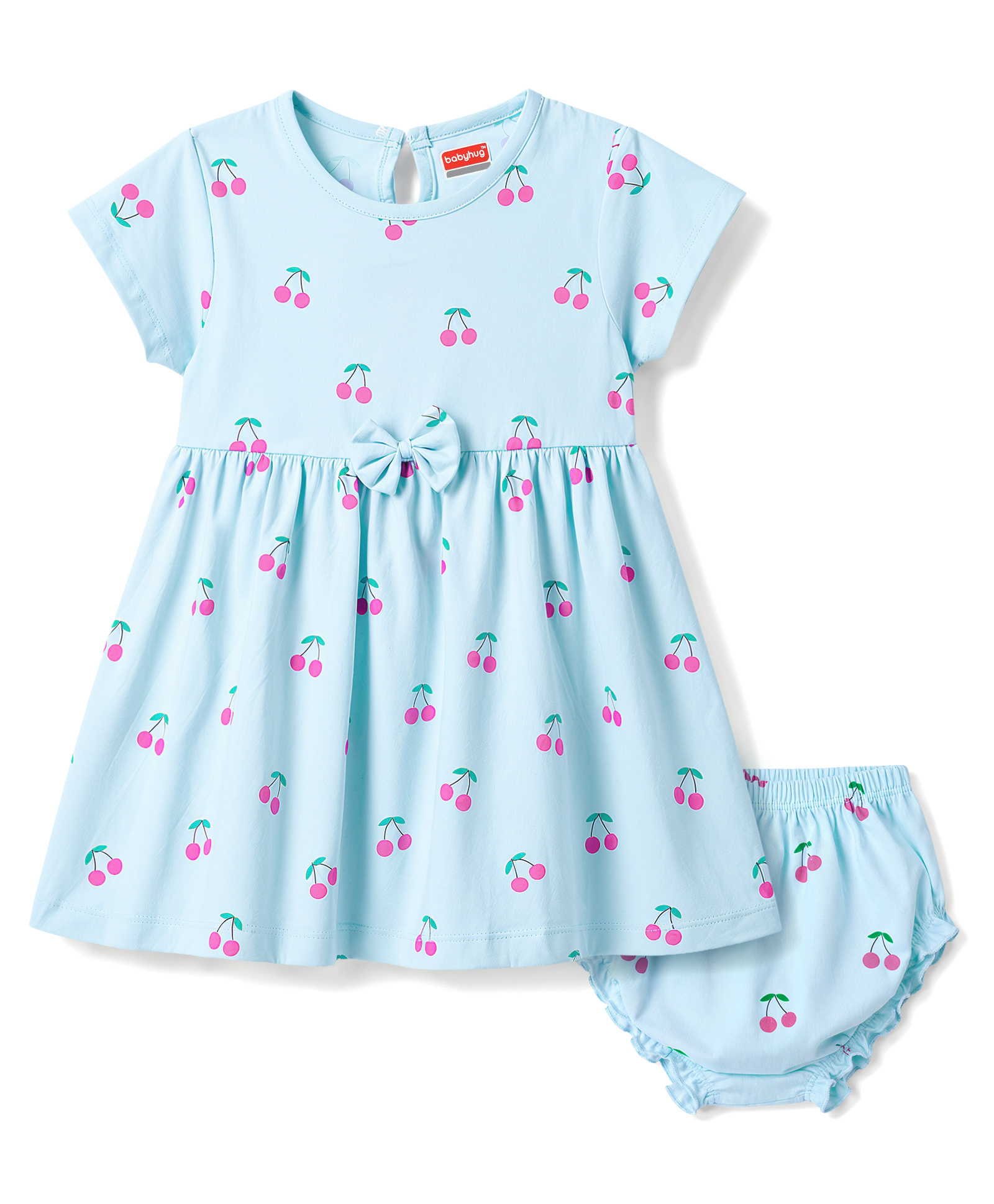 Babyhug Cotton Knit Half Sleeves Cherry Printed Frock With Bloomer With Bow Applique - Light Blue-image-18