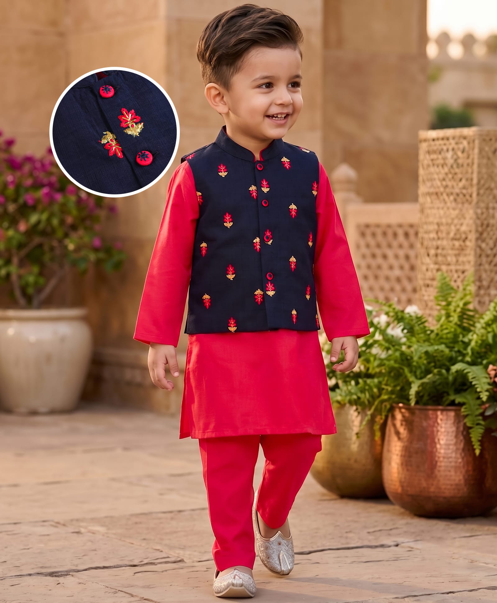 Babyhug Cotton Blend Woven Full Sleeves Kurta Pyjama Set With Floral Embroidered Nehru Jacket - Red & Navy Blue-picture-12