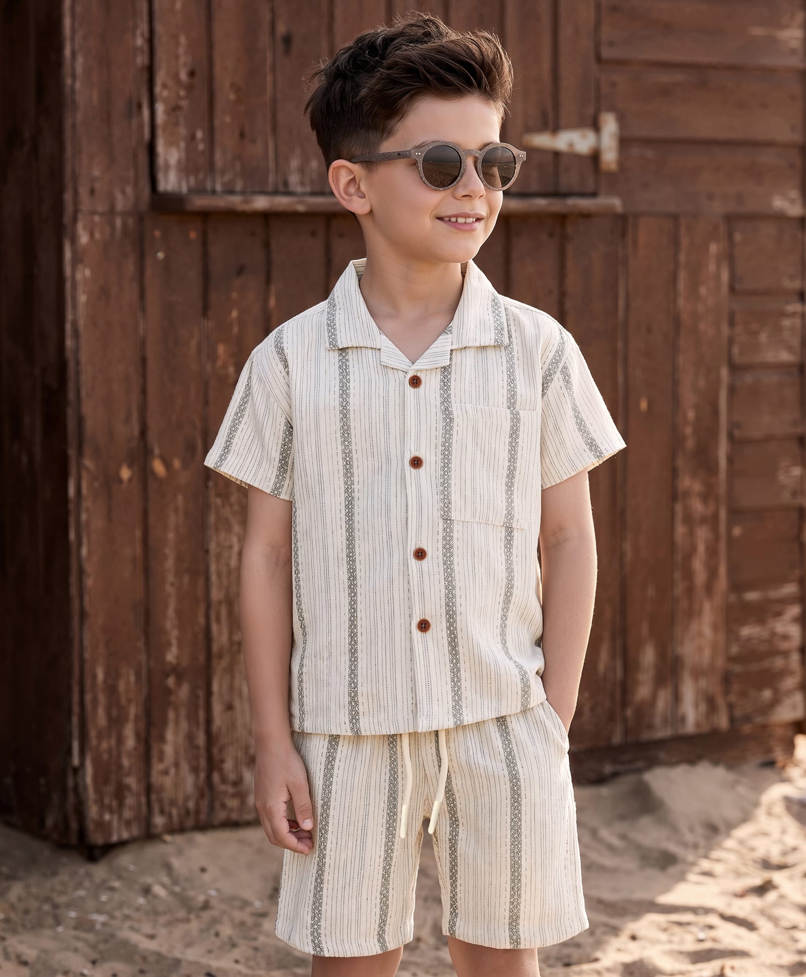 OLLINGTON ST. Cotton Woven Half Sleeves Shirt & Shorts Co-Ord Set - Grey & Beige-image-26