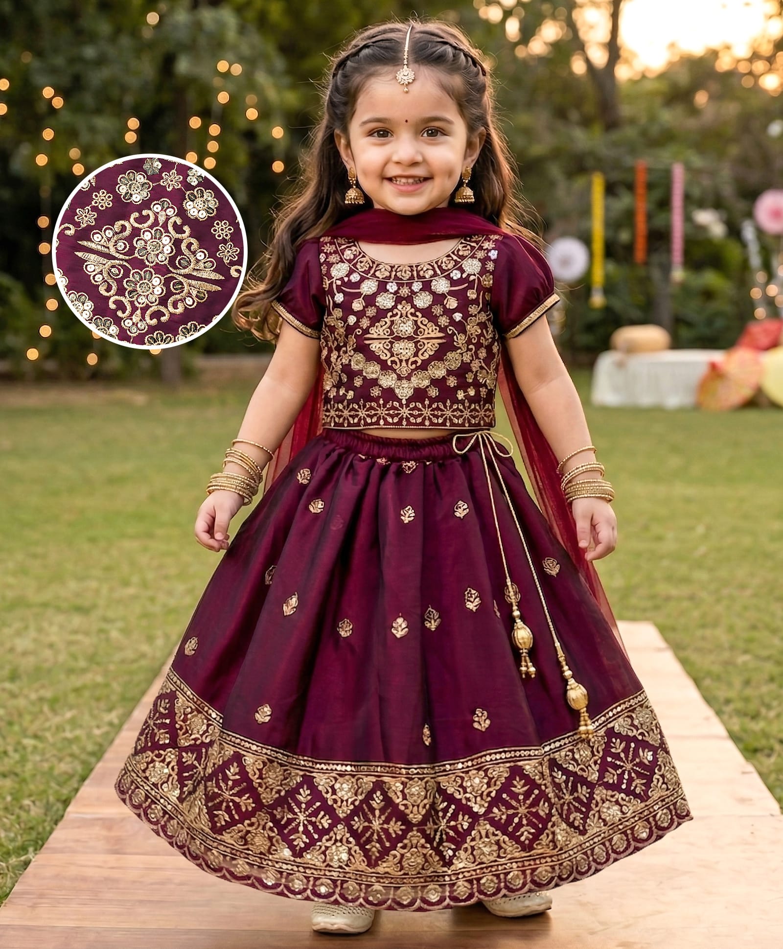 Babyhug Chiffon Woven Half Sleeves Choli Lehenga Set With Floral Embroidery & Dupatta - Maroon-image-46