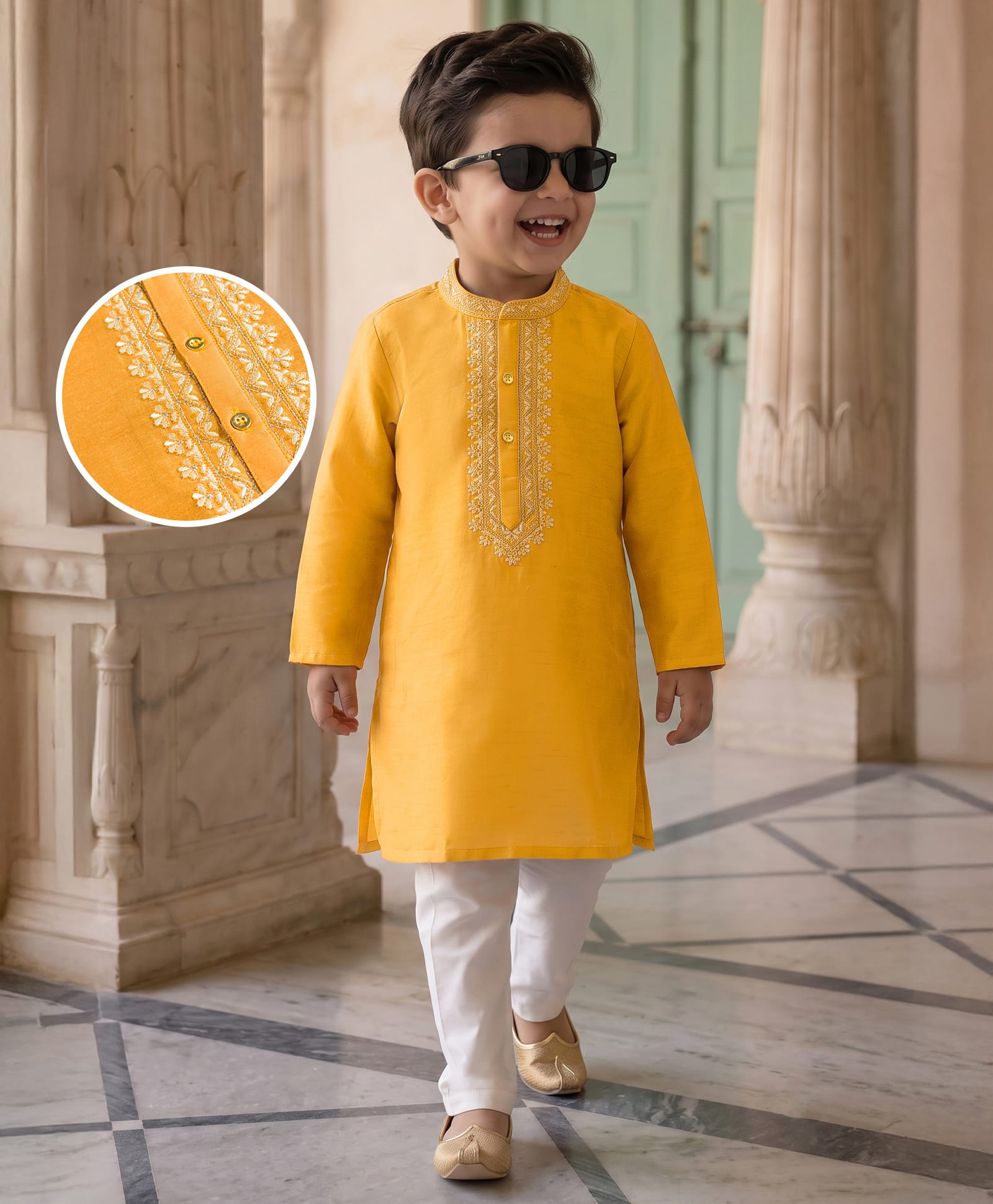 Babyhug Cotton Blend Woven Full Sleeves Kurta Pajama Set with Floral Embroidery - Orange-image-48