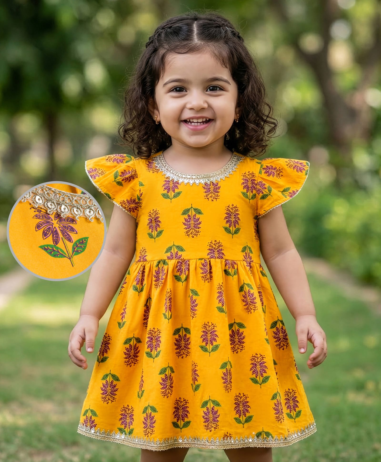 EARTHY TOUCH Cotton Knit Frill Sleeves Ethnic Dress with Floral Print - Yellow-image-23