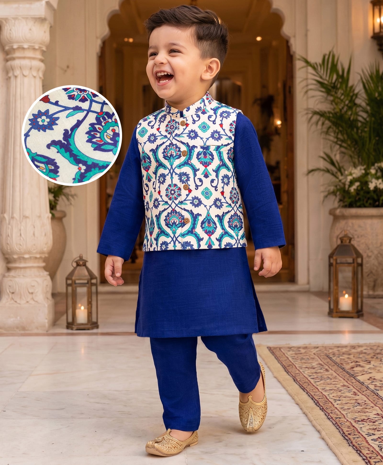 Babyhug Cotton Blend Woven Full Sleeves Kurta Pyjama Set With Floral Printed Nehru Jacket - Navy Blue-image-27