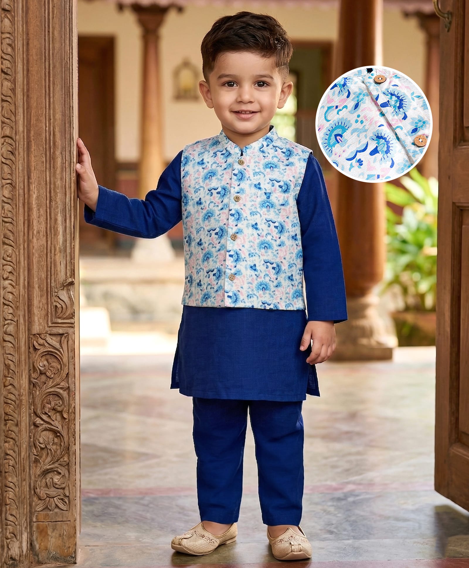 Babyhug Cotton Blend Woven Full Sleeves Kurta Pyjama Set With Floral Printed Brocade Nehru Jacket - Blue-image-44